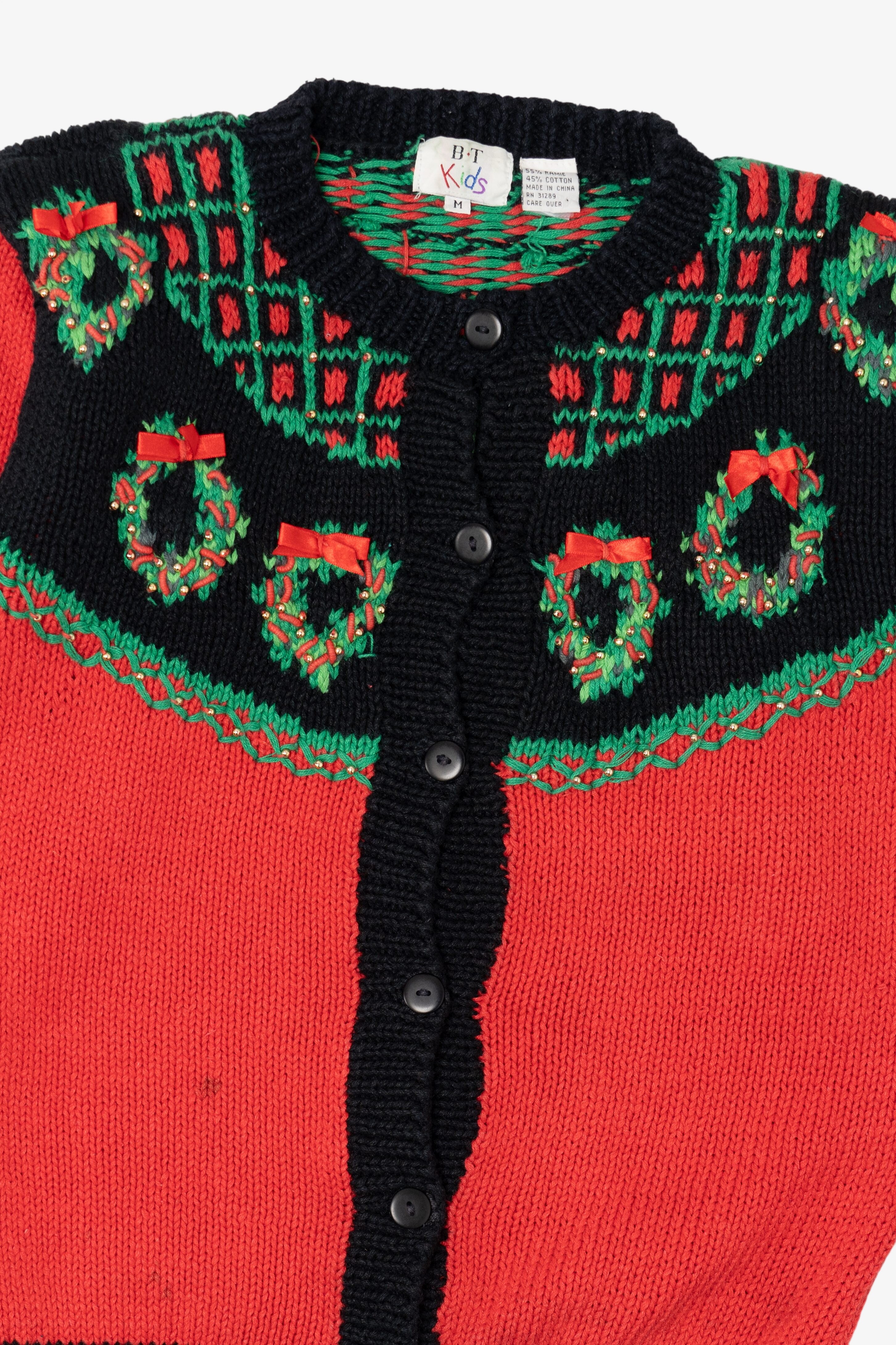Vintage Red B.T Kids Wreaths Ugly Christmas Cardigan (1990s)