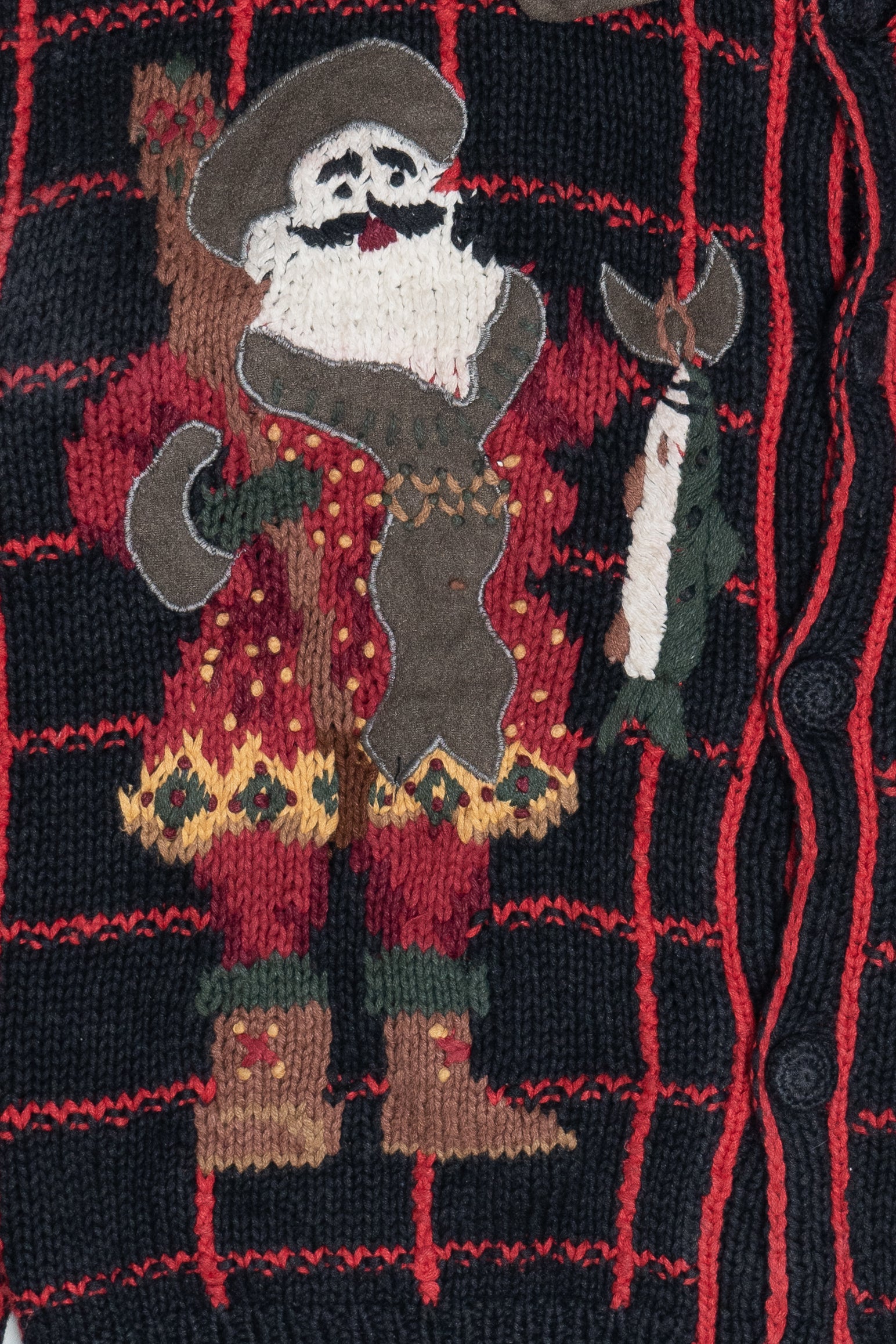 Vintage Fishing Santa Woodsy Theme Ugly Christmas Cardigan (1990s)
