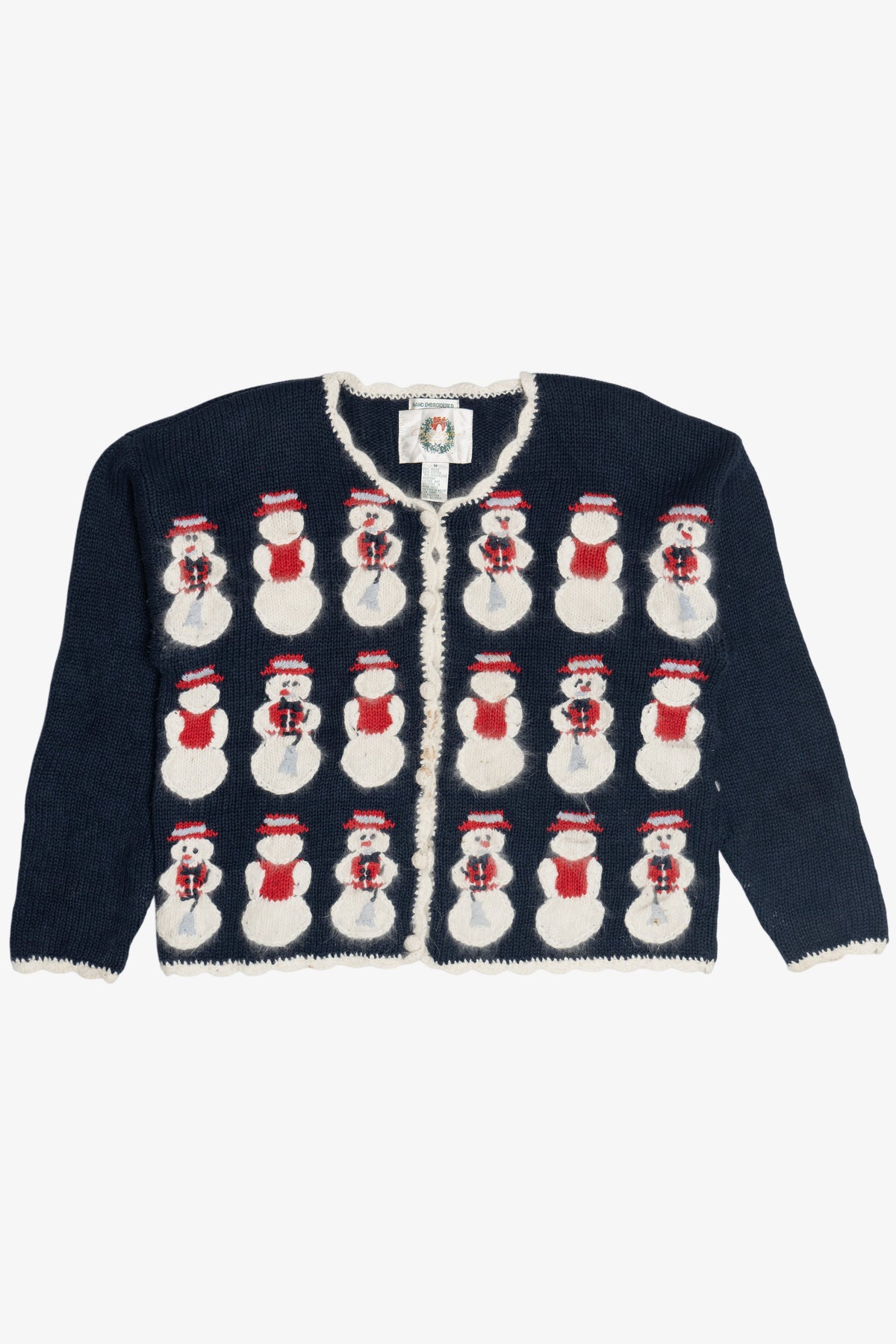 Vintage Christopher & Banks Hand Embroidered Snowmen Ugly Christmas Cardigan (1990s)