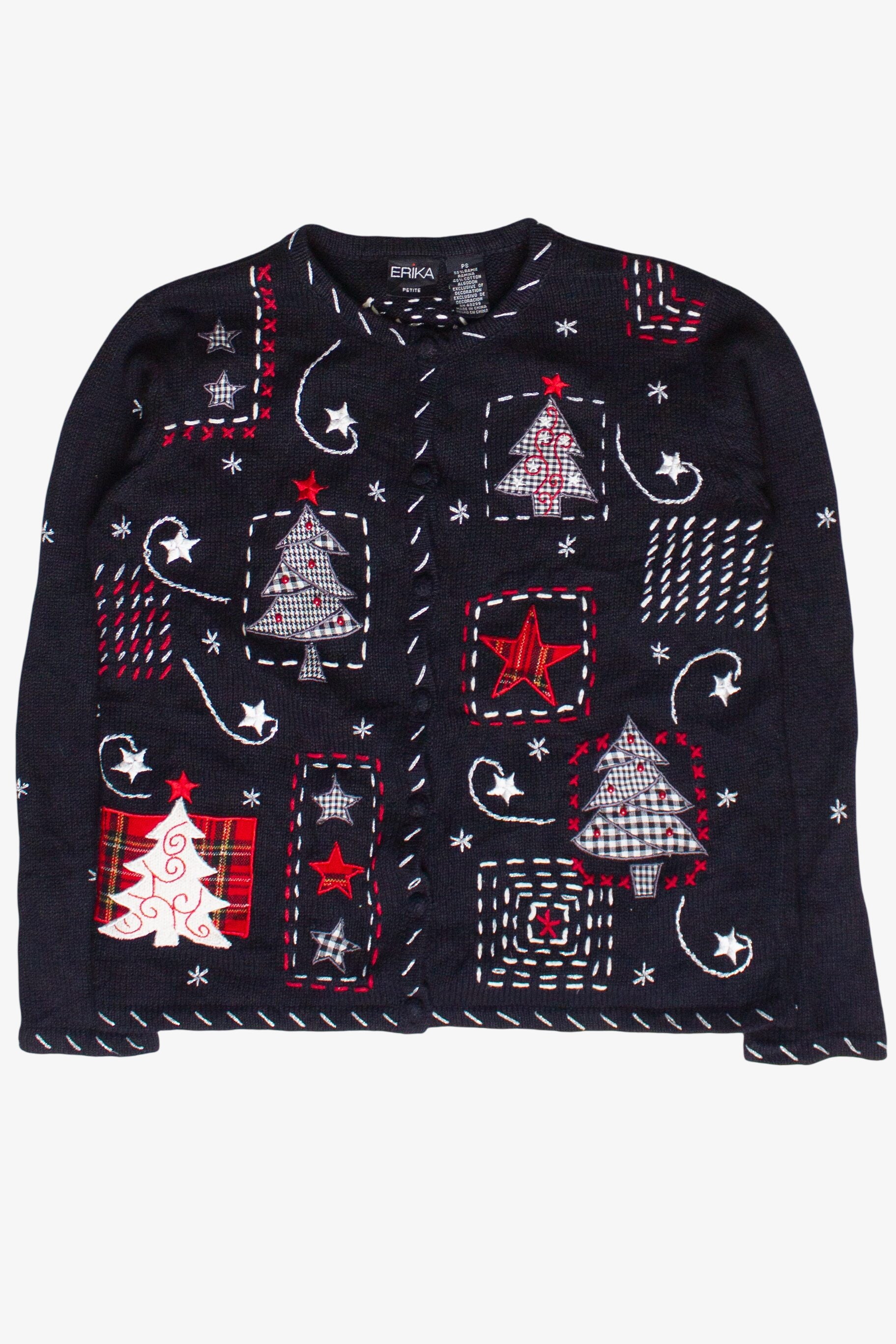 Vintage Embroidered Trees and Stars Patches Ugly Christmas Sweater