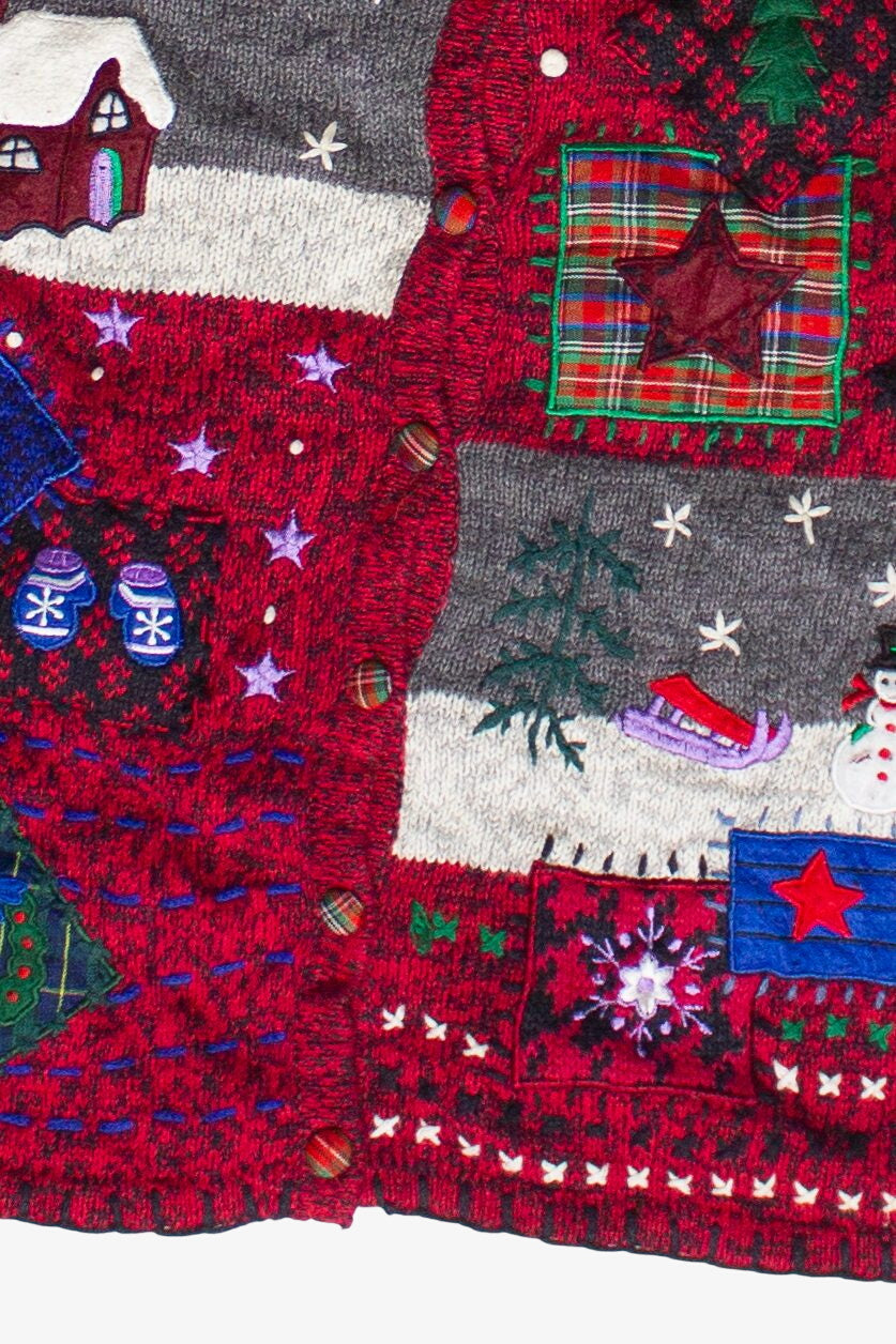 Vintage Erika Cozy Winter Cottage Patchwork Ugly Christmas Sweater
