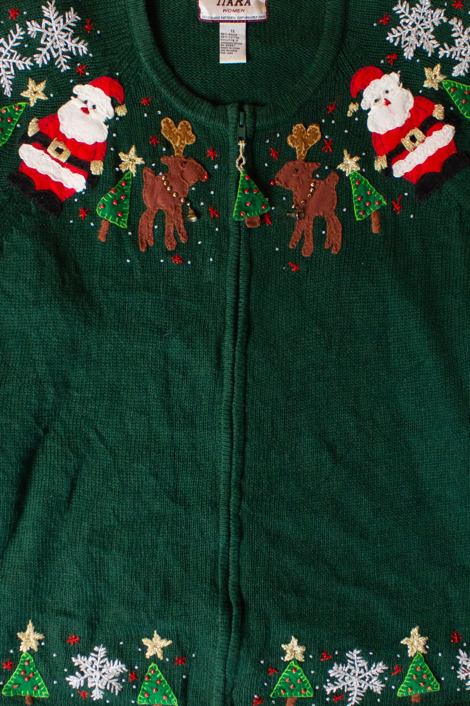 Vintage Green Santas And Reindeer Christmas Cardigan (1990s)