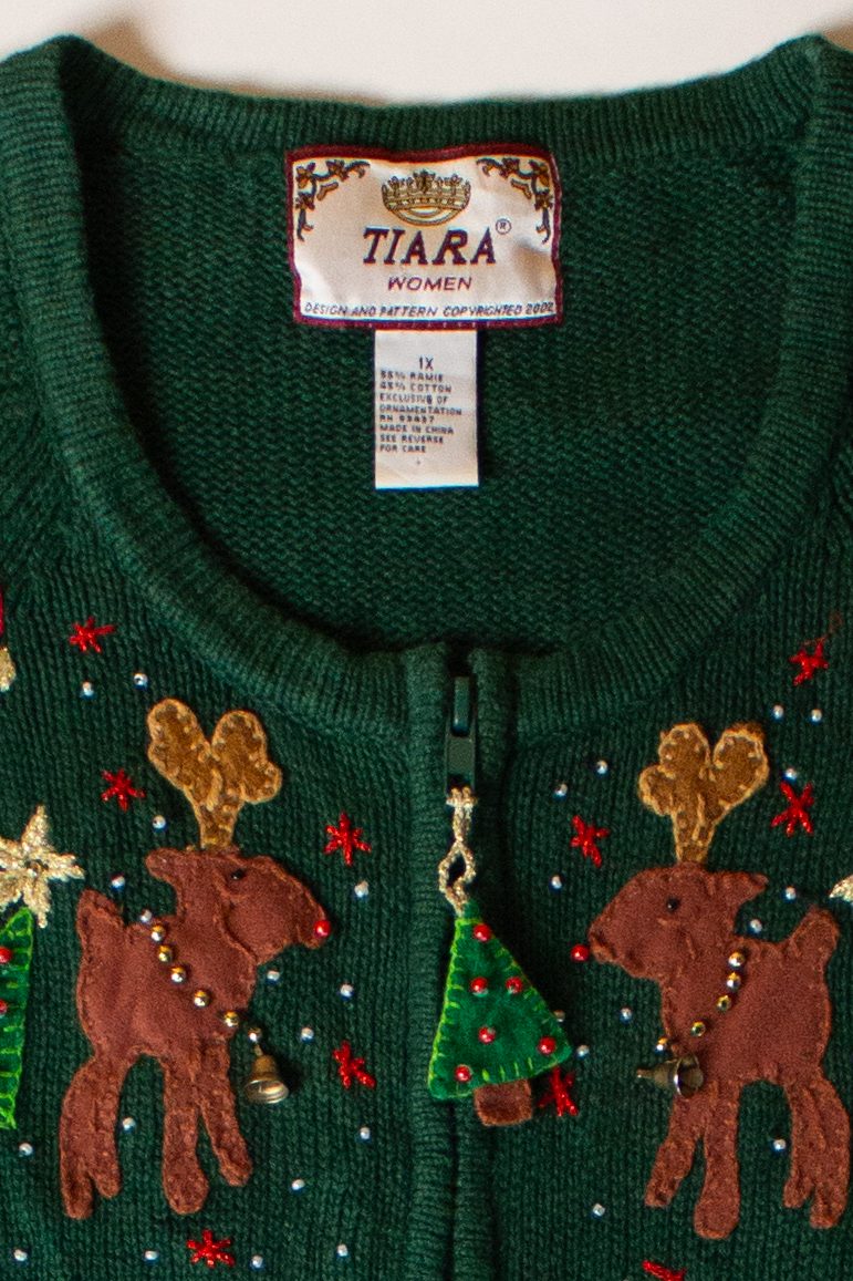 Vintage Green Santas And Reindeer Christmas Cardigan (1990s)