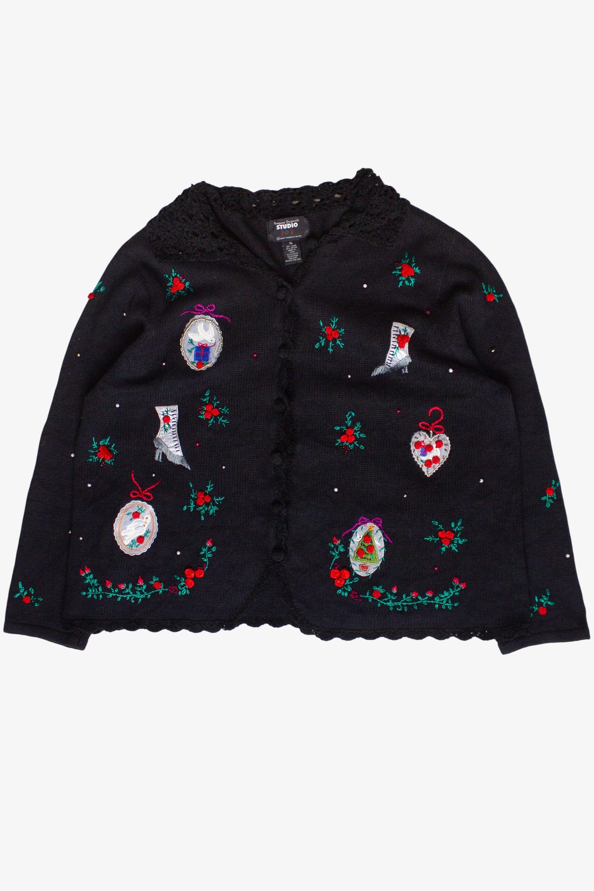 Vintage Velvet Crochet Trim Rosette Ugly Christmas Sweater