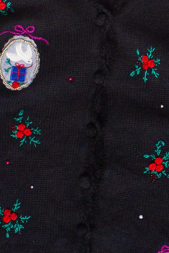 Vintage Velvet Crochet Trim Rosette Ugly Christmas Sweater