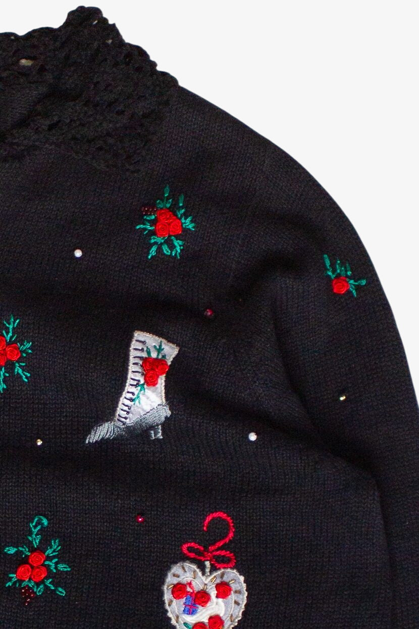 Vintage Velvet Crochet Trim Rosette Ugly Christmas Sweater