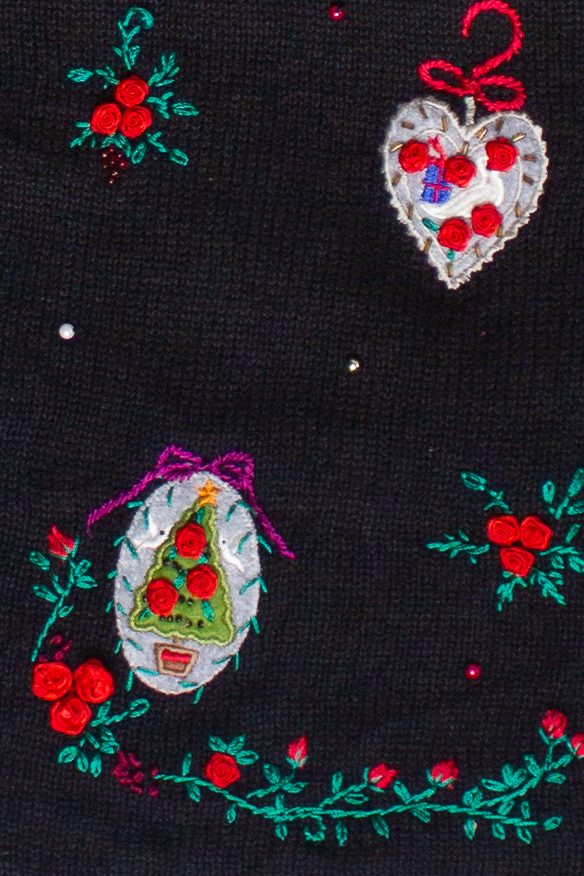 Vintage Velvet Crochet Trim Rosette Ugly Christmas Sweater