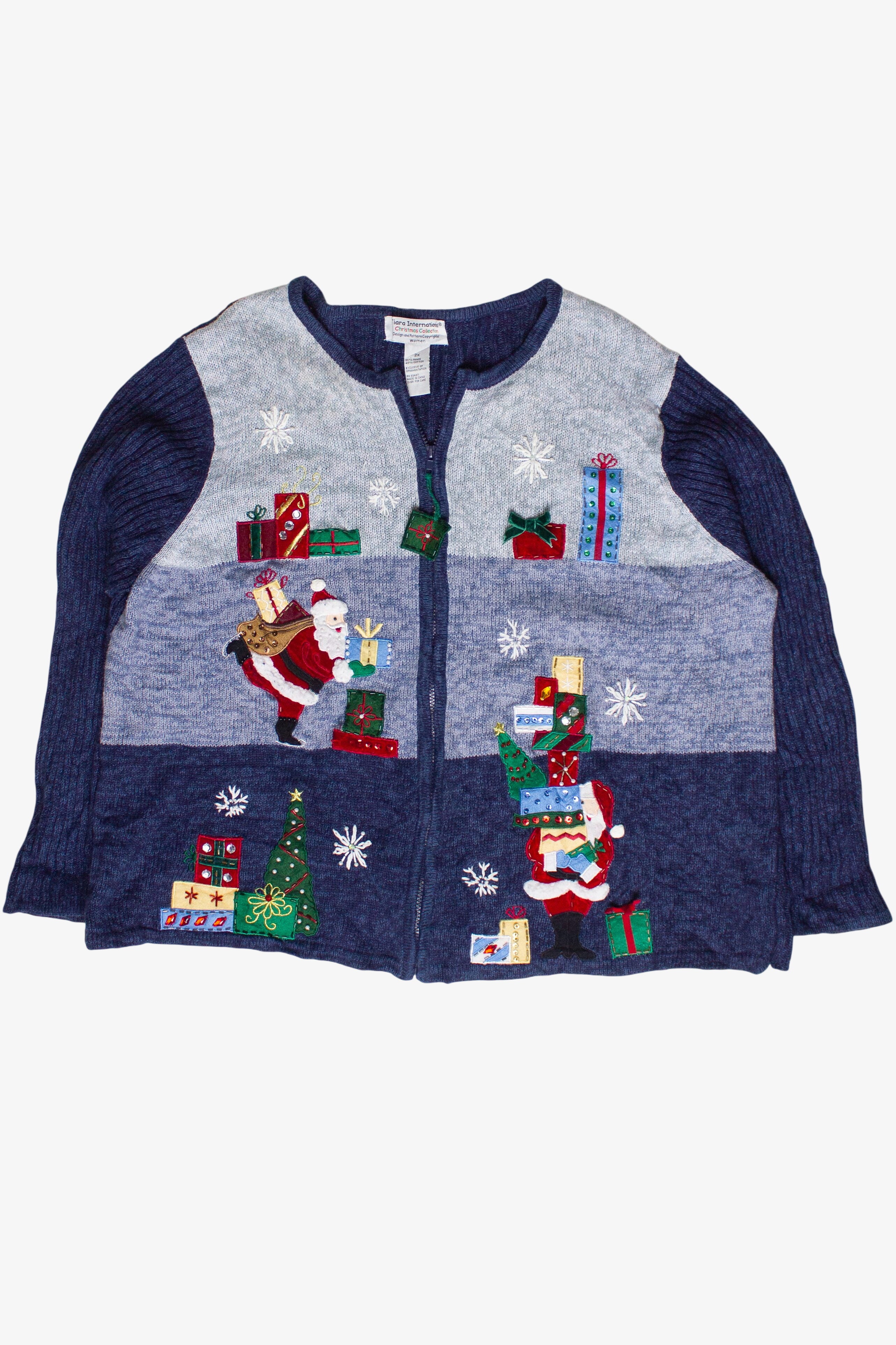 Vintage Tiara International Santa Delivering Presents Zip Up Ugly Christmas Sweater (2000s)
