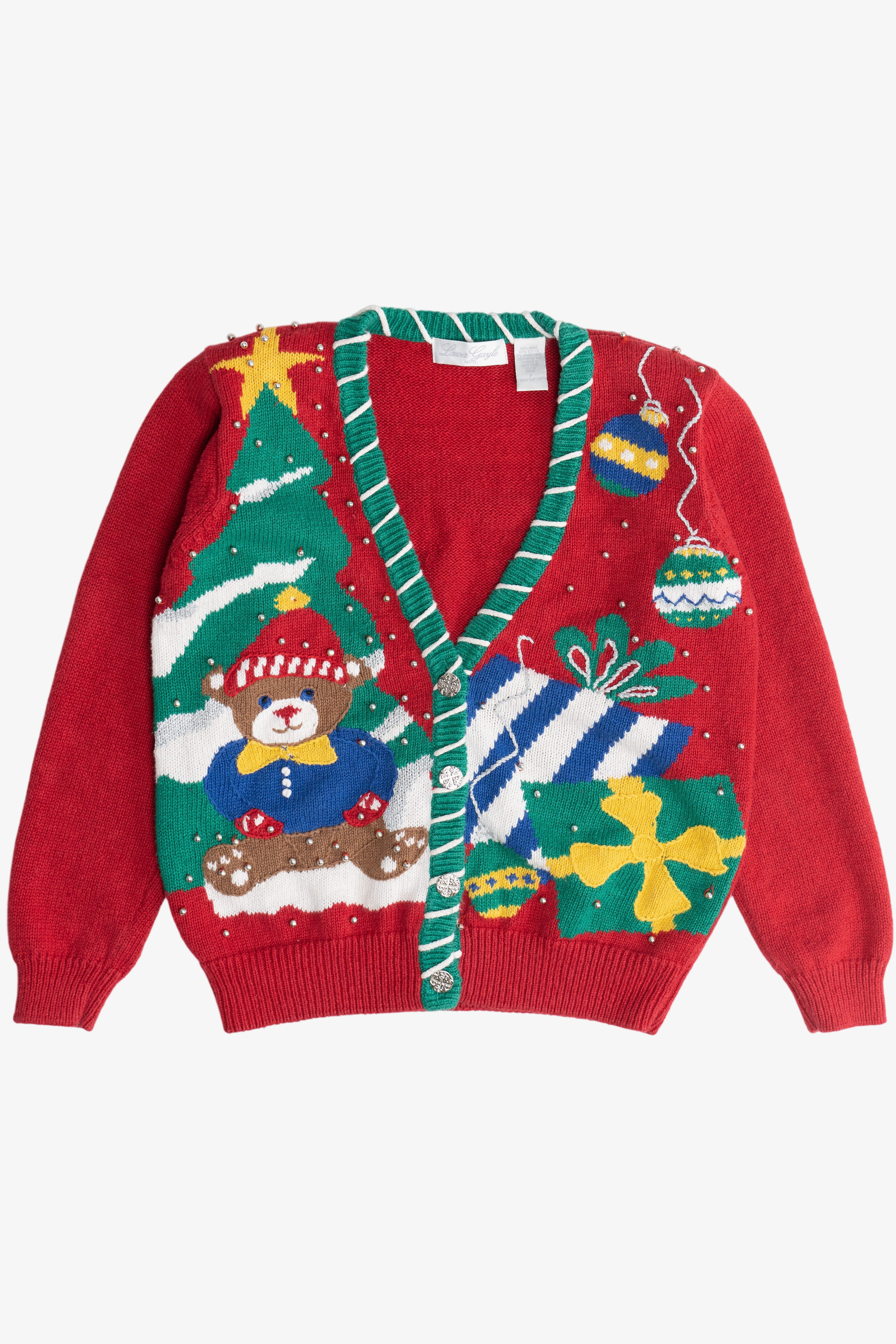 Vintage Bear Snowy Scene Laura Gayle Ugly Christmas Cardigan (1990s)