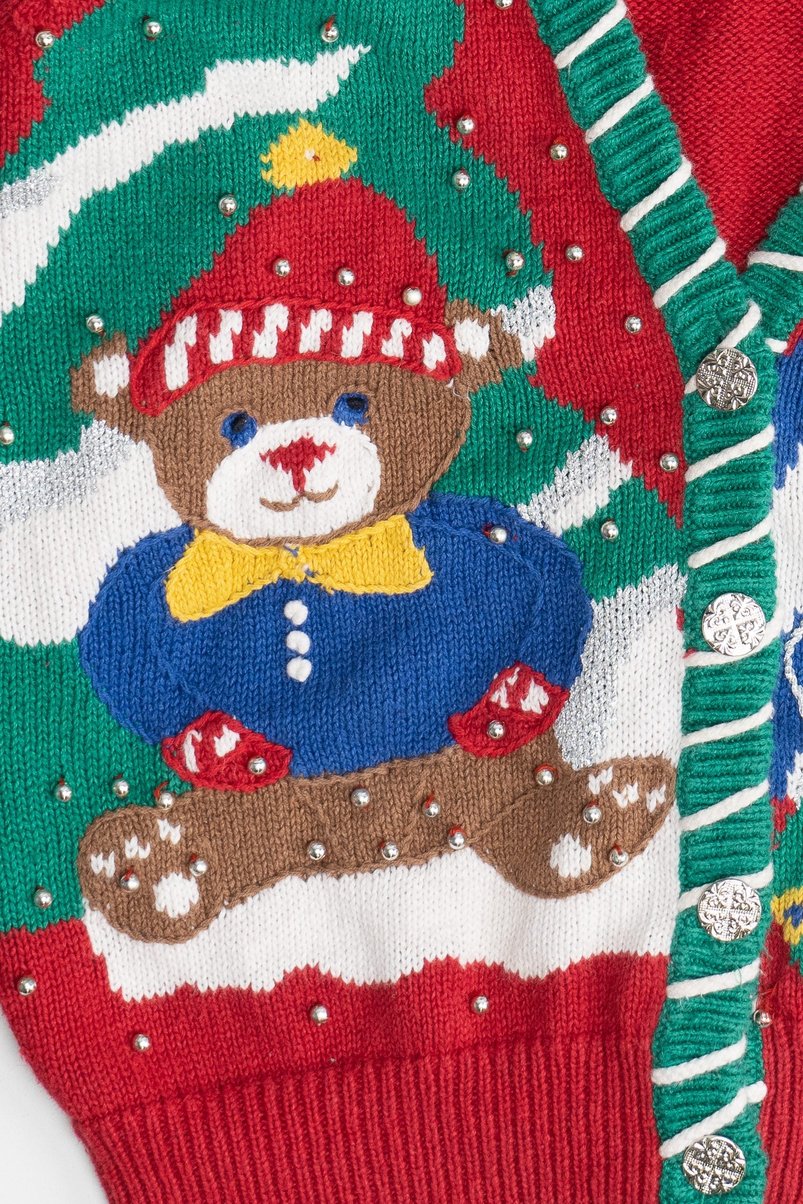 Vintage Bear Snowy Scene Laura Gayle Ugly Christmas Cardigan (1990s)