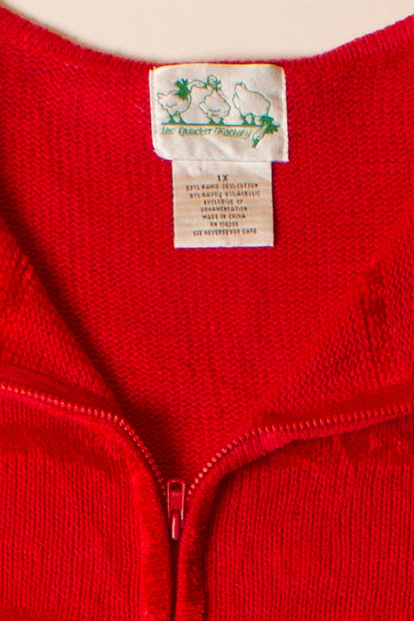 Vintage Red Zipper Reindeer Christmas Cardigan (1990s)