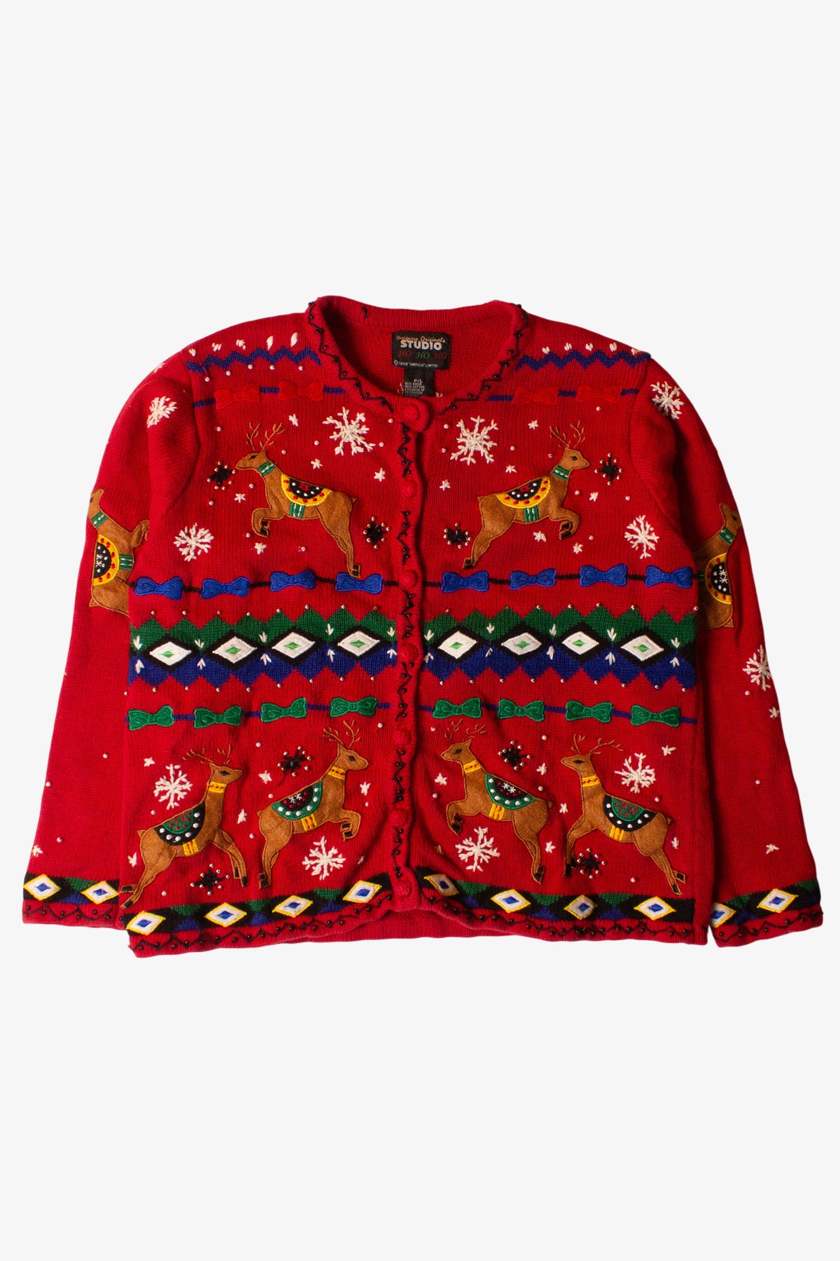 Vintage Reindeer Collage Ugly Christmas Cardigan (1990s)