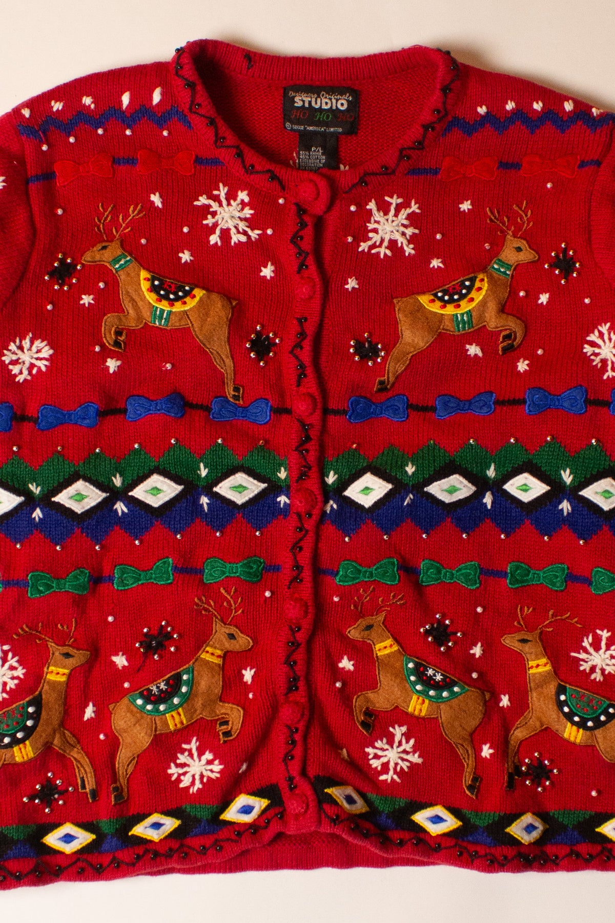 Vintage Reindeer Collage Ugly Christmas Cardigan (1990s)