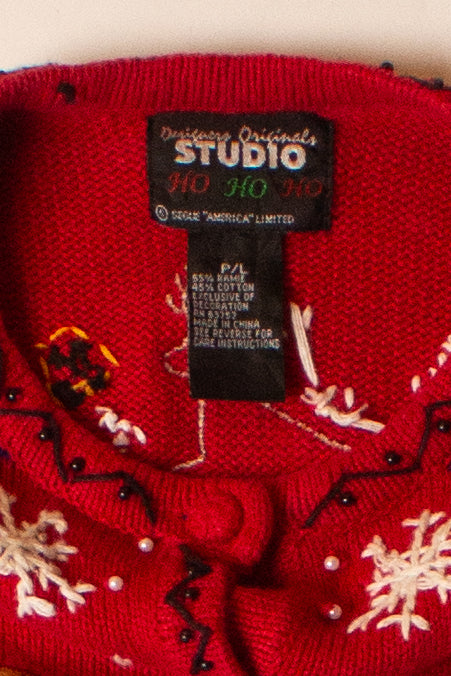 Vintage Reindeer Collage Ugly Christmas Cardigan (1990s)