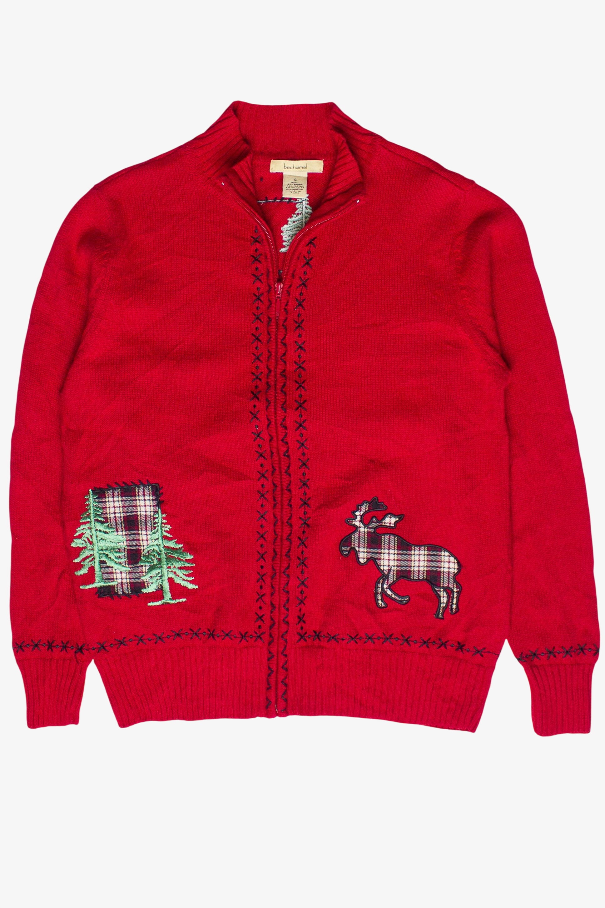 Vintage Bechamel Plaid Tree Moose Patch Zip Up Ugly Christmas Sweater (2000s)