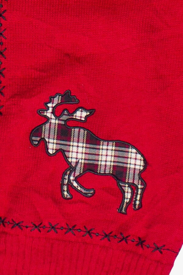Vintage Bechamel Plaid Tree Moose Patch Zip Up Ugly Christmas Sweater (2000s)
