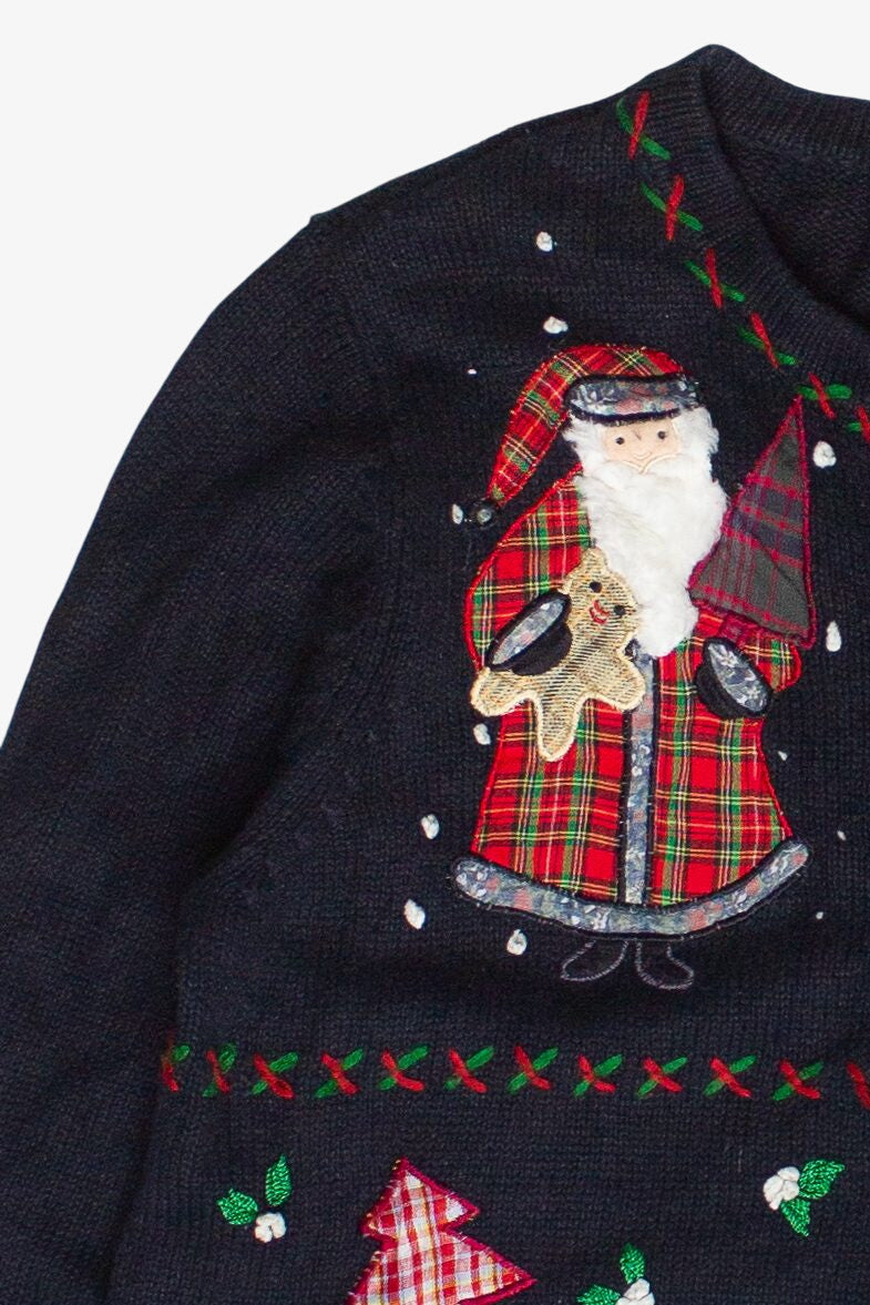 Vintage Plaid Patches Santa Fireplace Ugly Christmas Sweater (1990s)