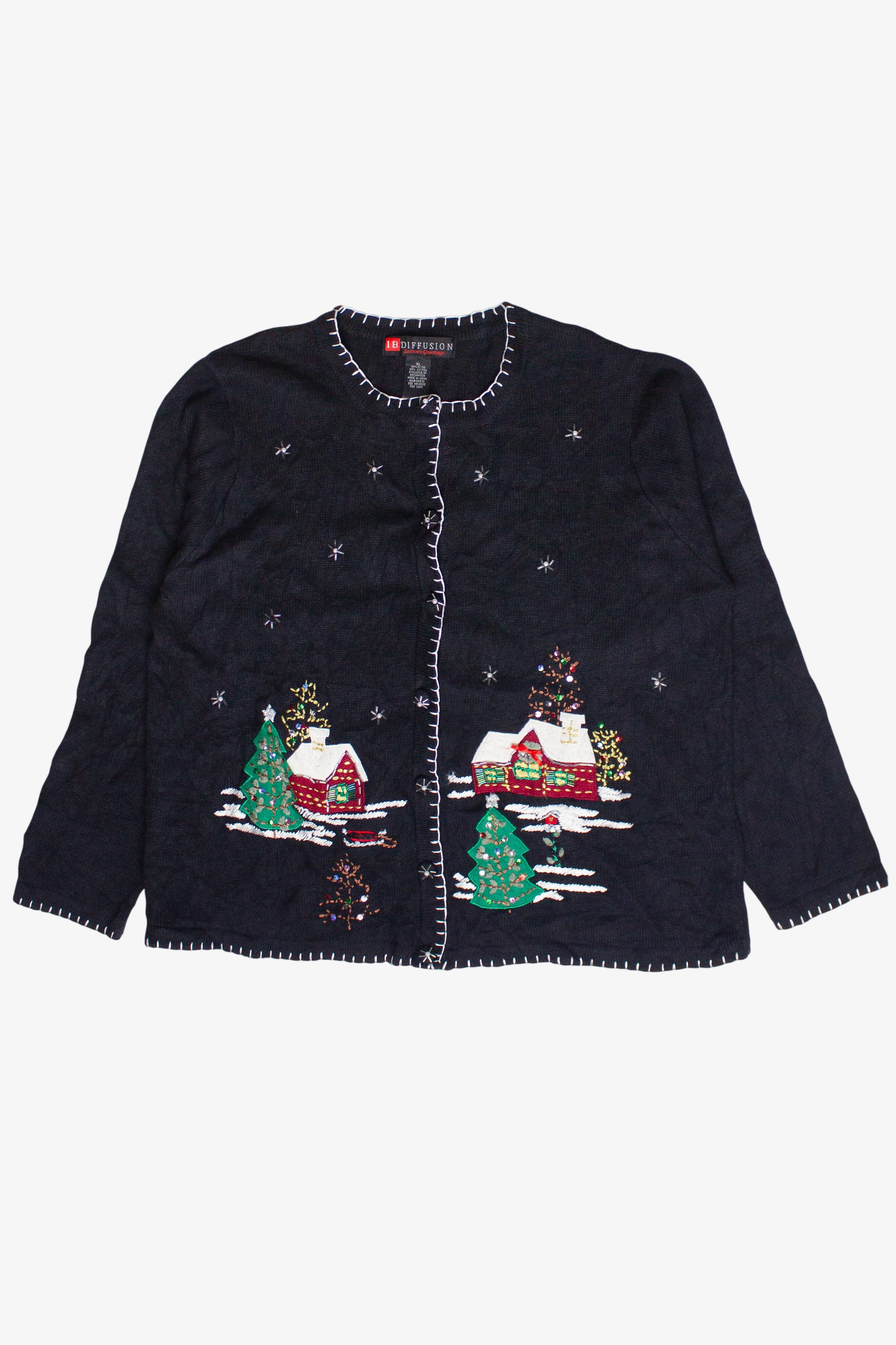 Vintage Beaded Winter Cabins IB Diffusion Ugly Christmas Sweater (1990s)