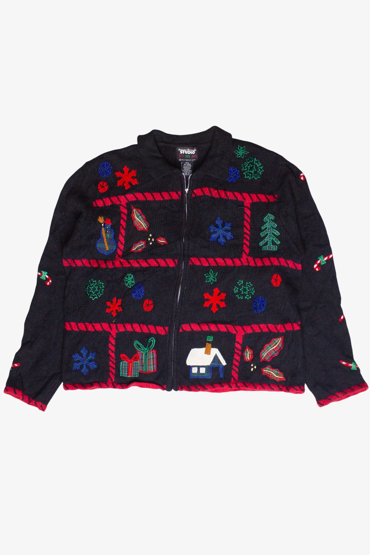 Vintage Plaid Patches Cottagecore Stocking Bears Zip Up Ugly Christmas Sweater (2000s)