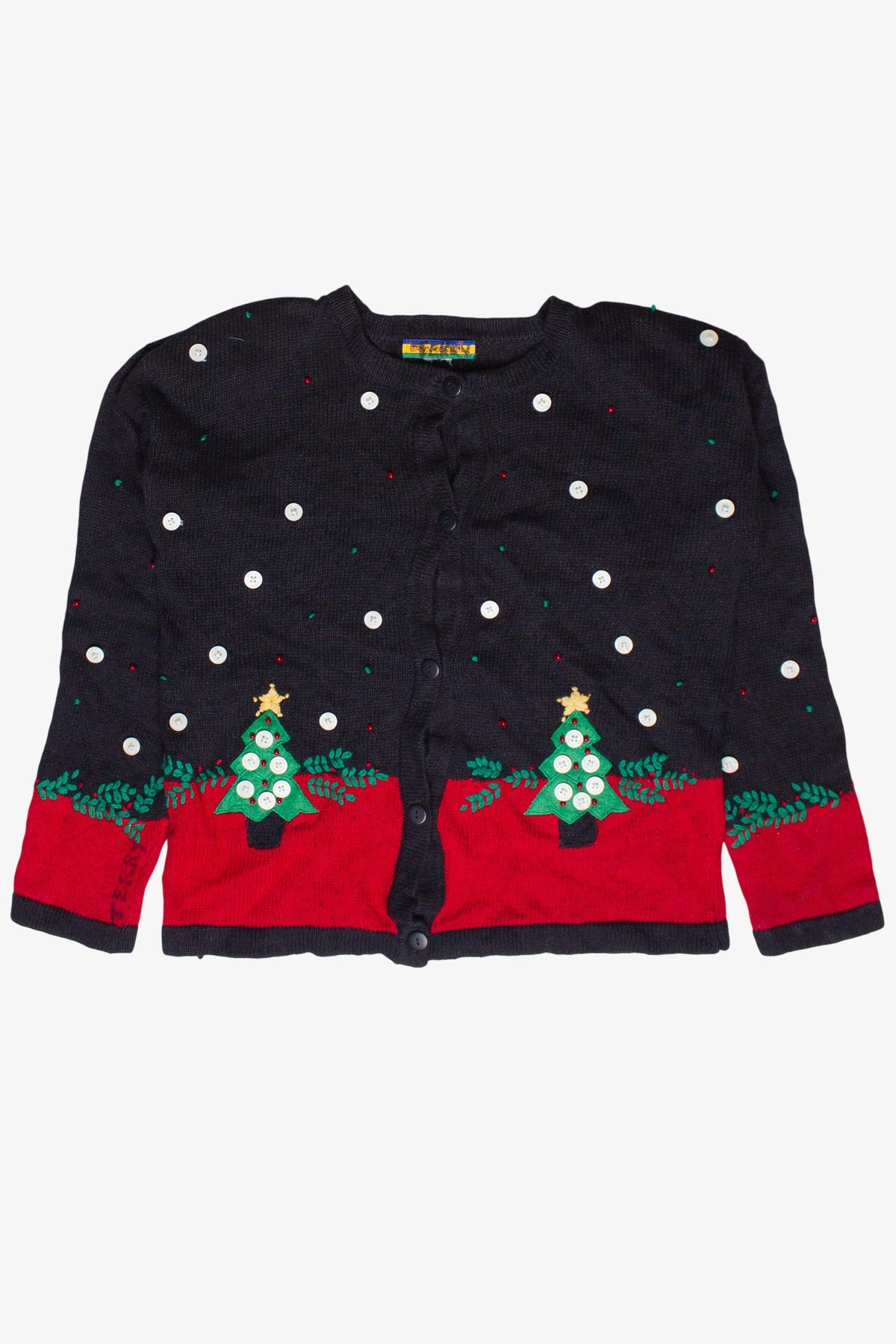 Vintage Bryn Connelly Button Embroidery Trees Ugly Christmas Sweater (1990s)