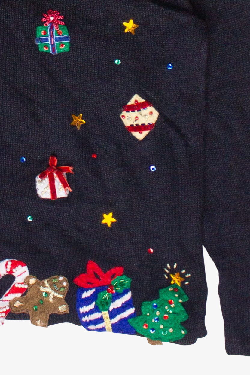 Vintage Beaded Embroidered Presents Zip Up Ugly Christmas Sweater (2000s)
