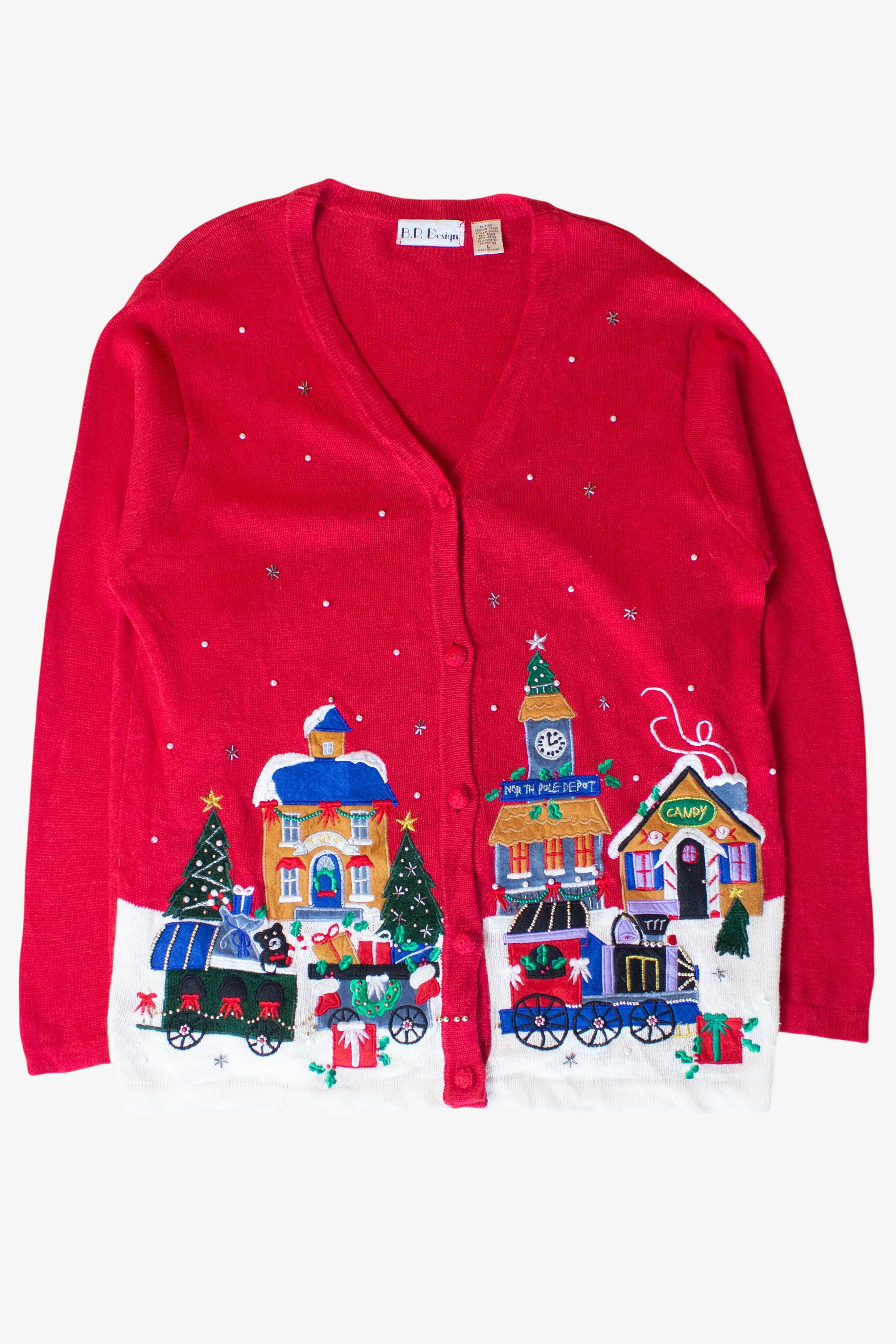 Vintage Red Town Train Christmas Cardigan (1990s)