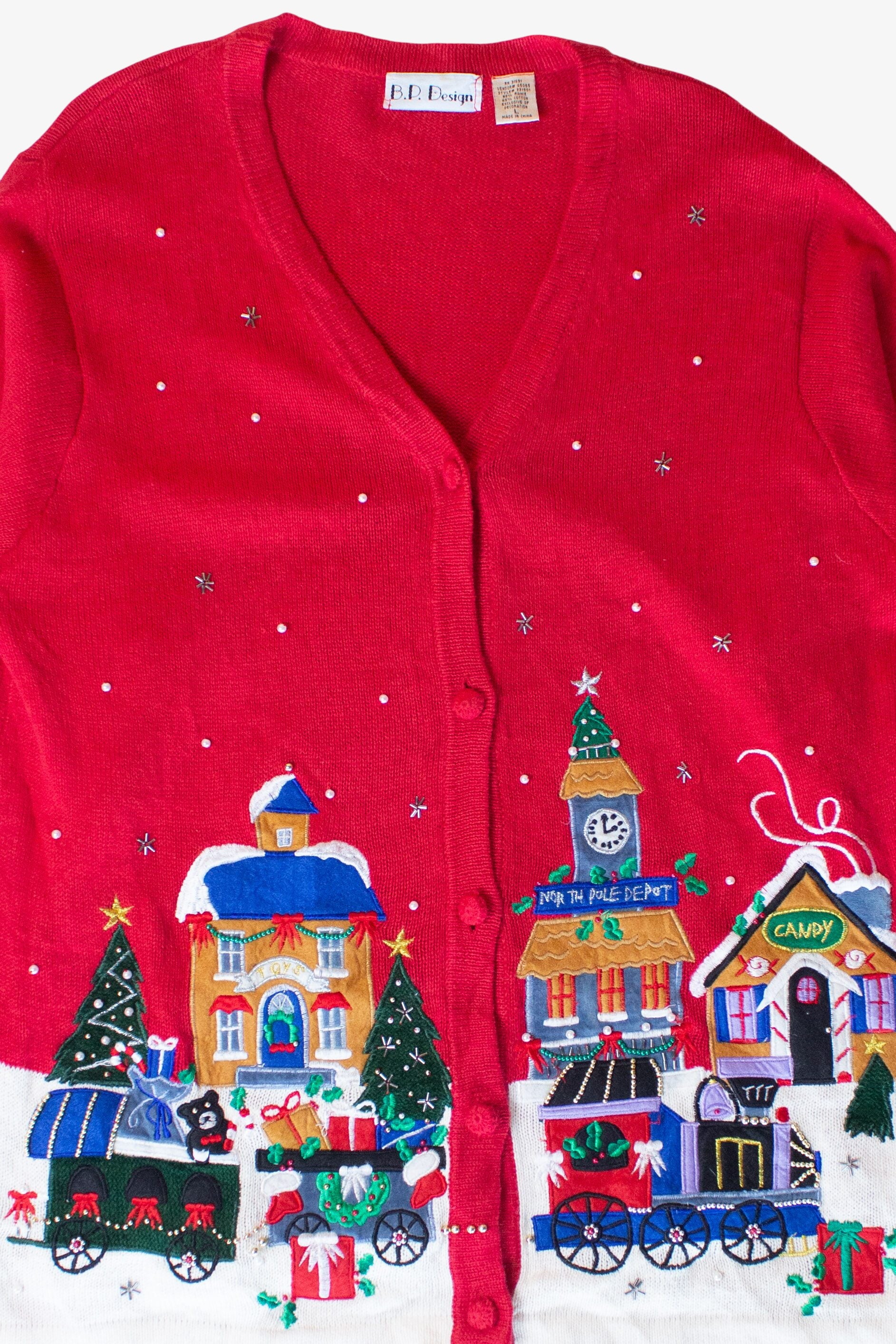 Vintage Red Town Train Christmas Cardigan (1990s)