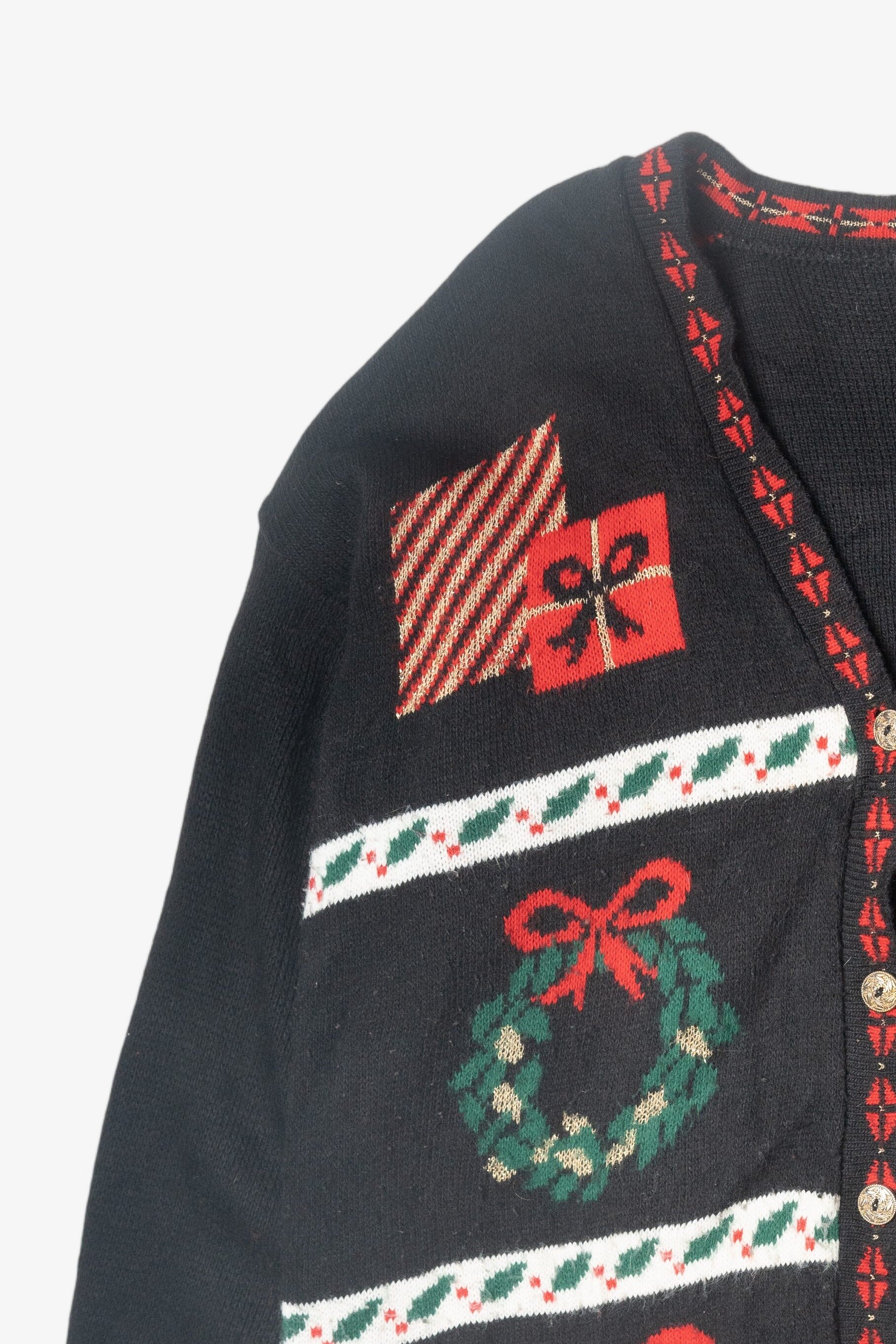 Vintage Holly Stripe Button Ugly Christmas Cardigan (1980s)