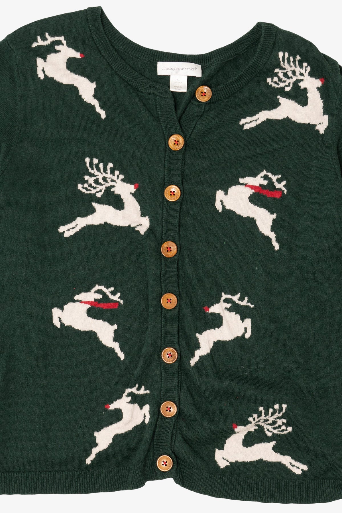 Green Christopher & Banks Reindeer Ugly Christmas Cardigan (2010s)