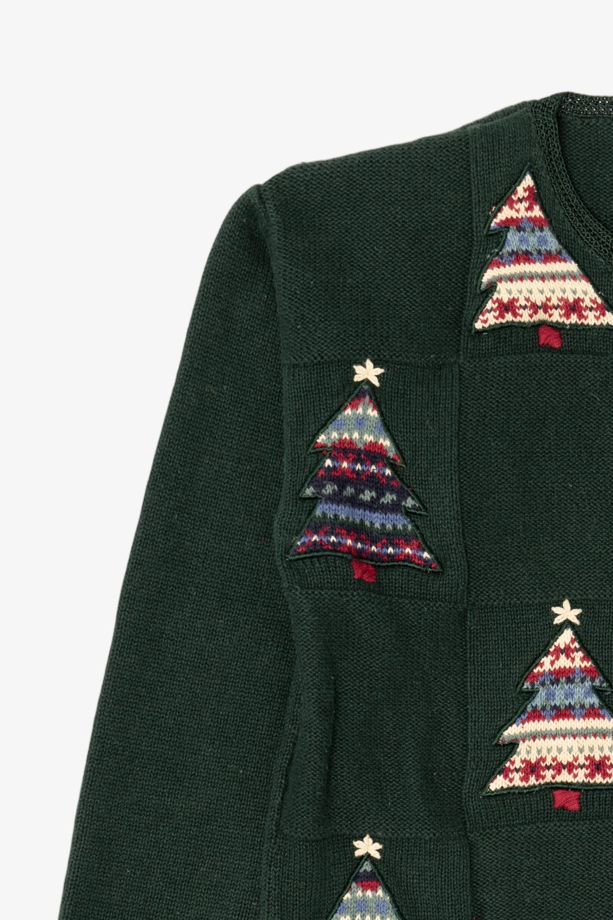 Vintage Hand Embroidered Green Christopher & Banks Trees Ugly Christmas Cardigan (1990s)
