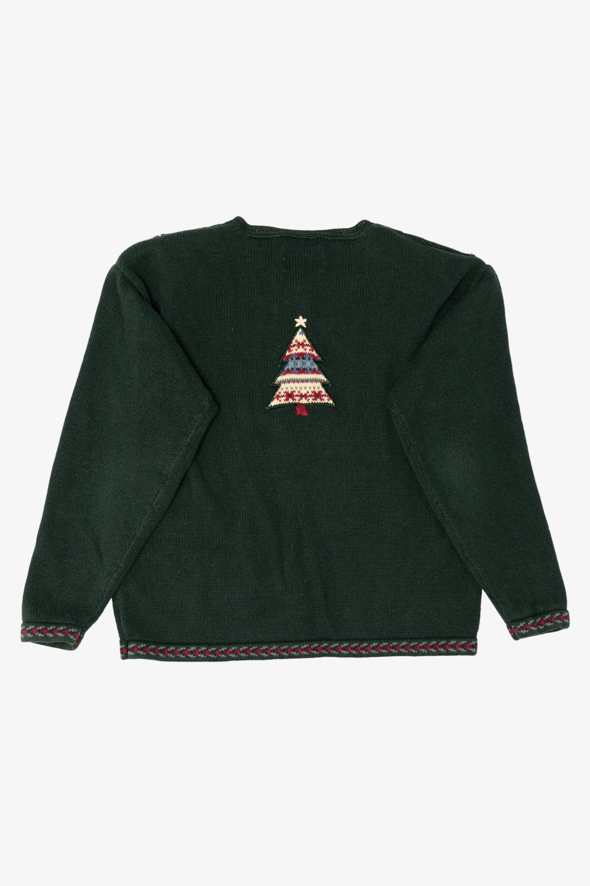 Vintage Hand Embroidered Green Christopher & Banks Trees Ugly Christmas Cardigan (1990s)