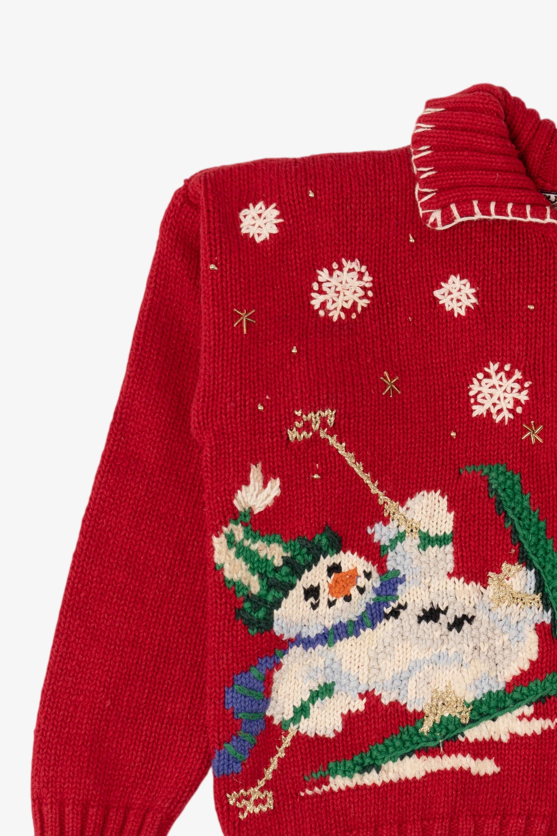 Vintage Red Tiara Snowmen Skiing Ugly Christmas Cardigan (1990s)