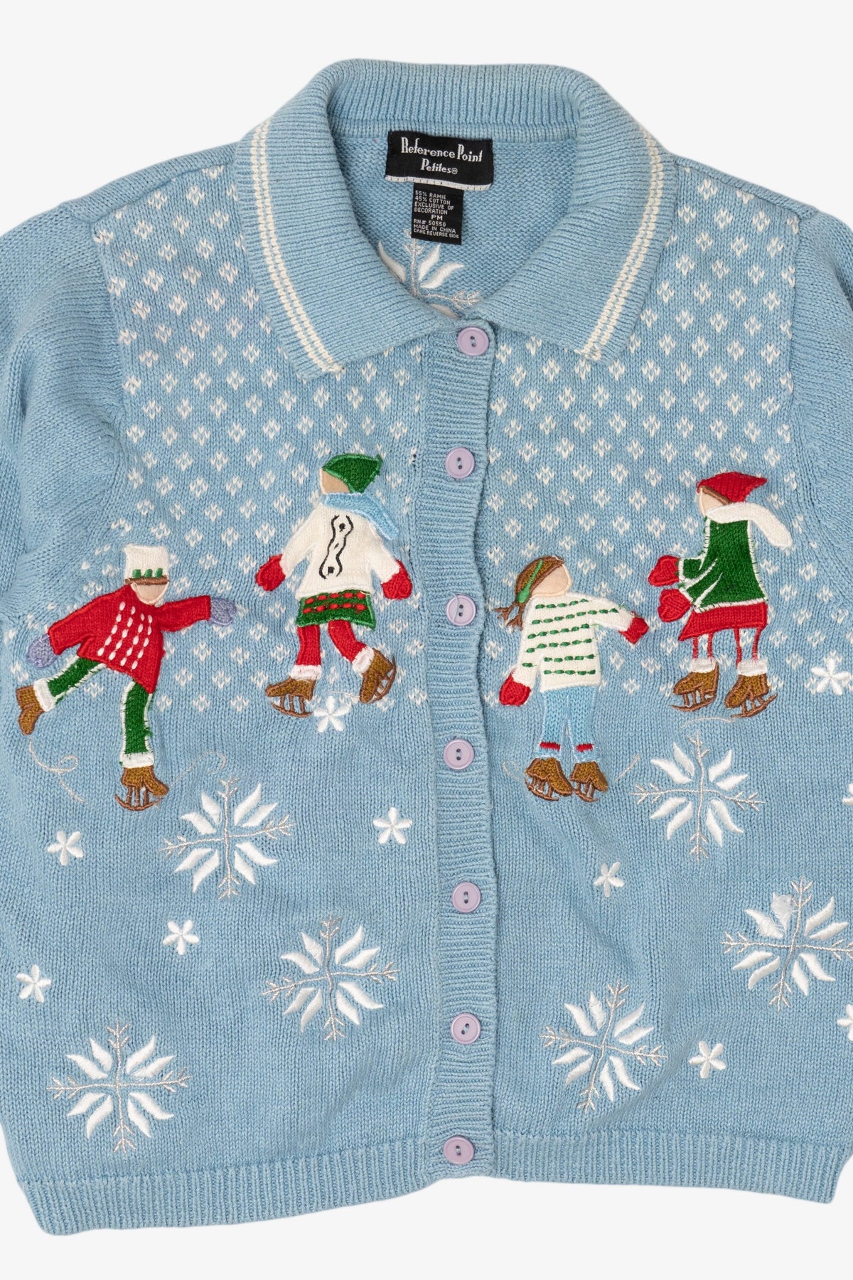 Vintage Light Blue Reference Point Ice Skating Ugly Christmas Cardigan (1990s)