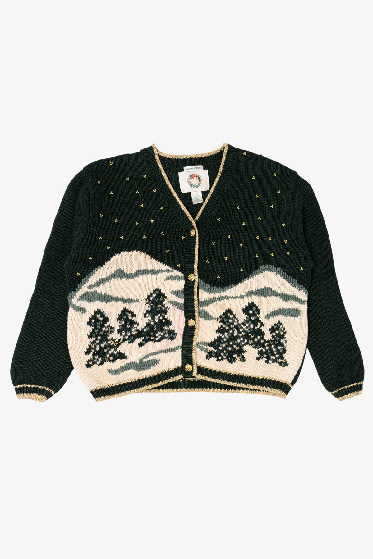 Vintage Hand Embroidered Dark Green Christopher & Banks Landscape Cardigan (1990s)