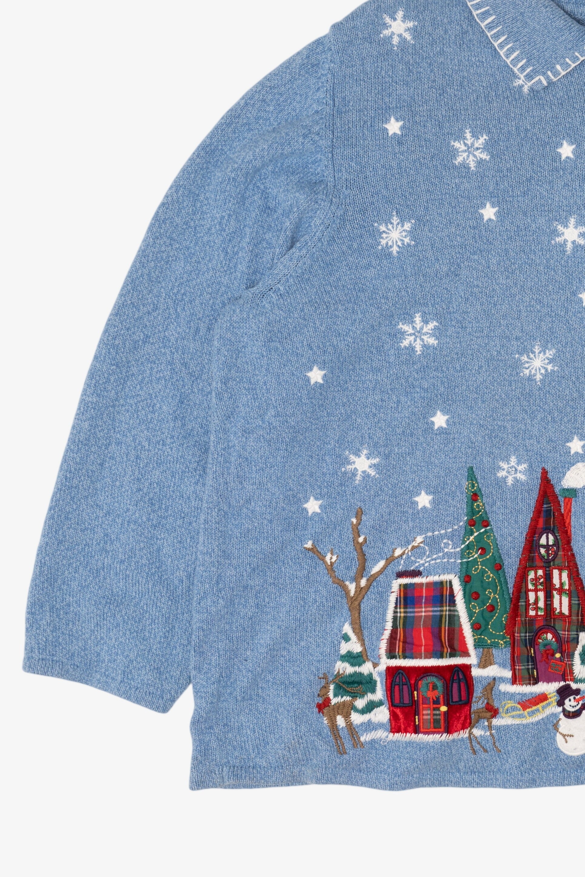 Vintage Light Blue Liz & Me Winter Town Ugly Christmas Cardigan (2000s)