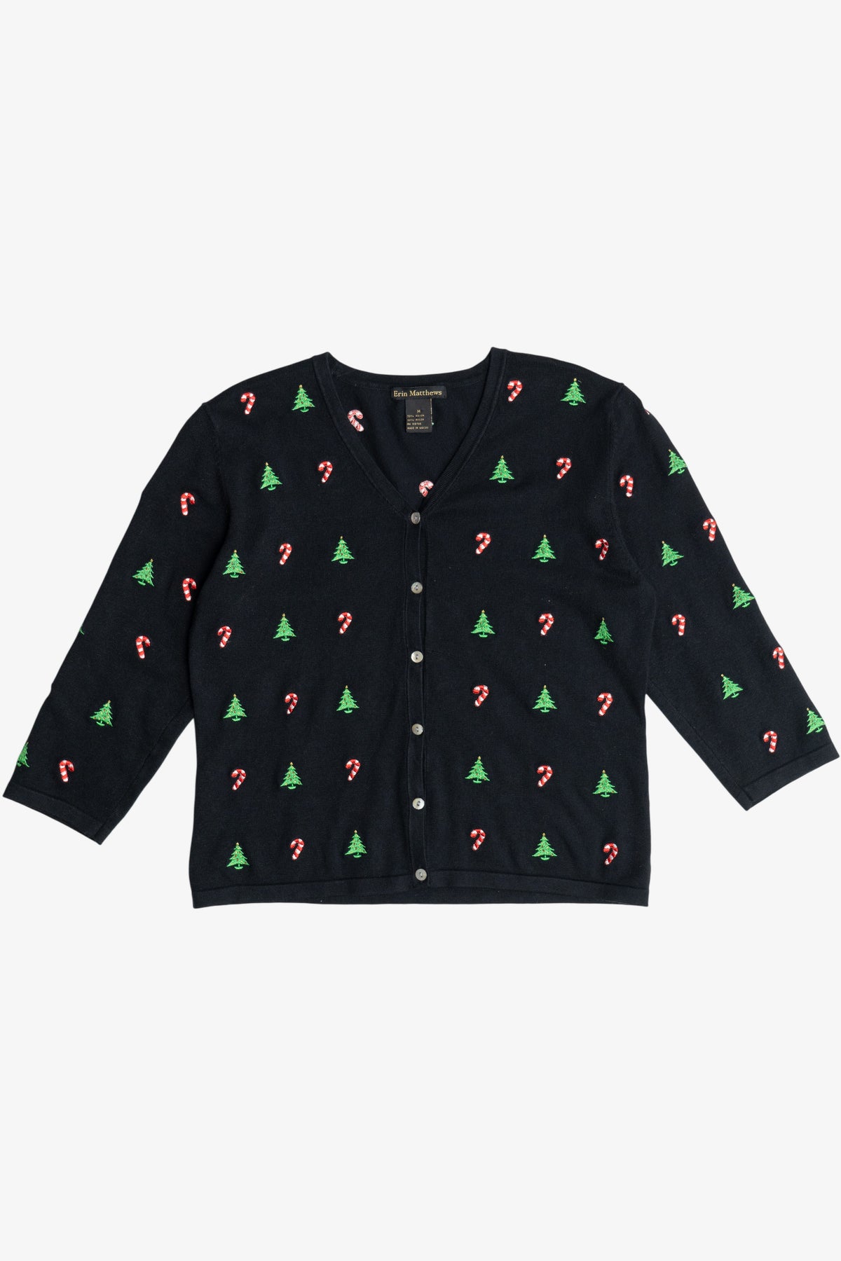 Vintage Candy Canes & Christmas Trees Lightweight Ugly Christmas Cardigan (2000s)