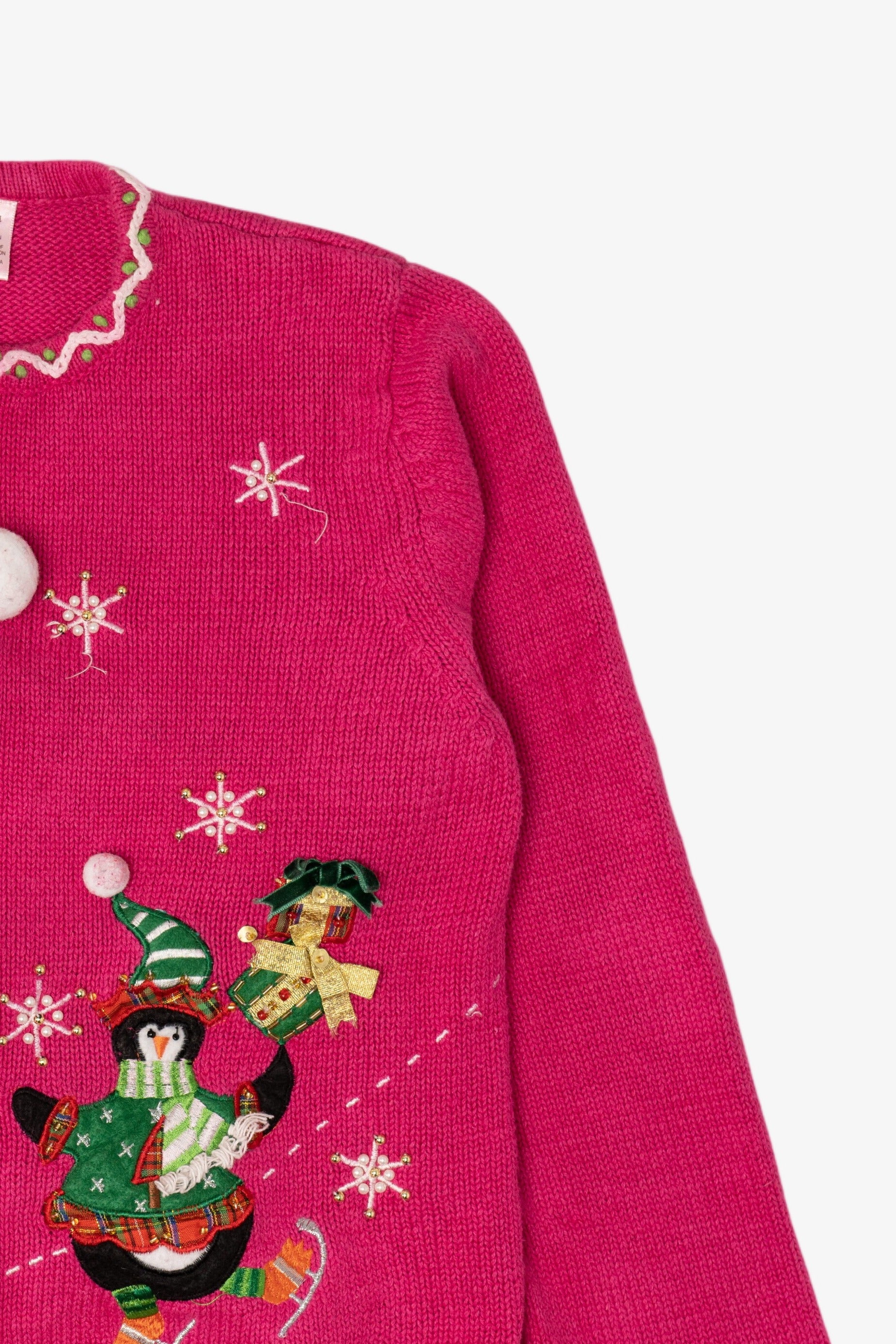 Vintage Kids Hot Pink Derek Heart Penguins Skating Ugly Christmas Cardigan (2000s)