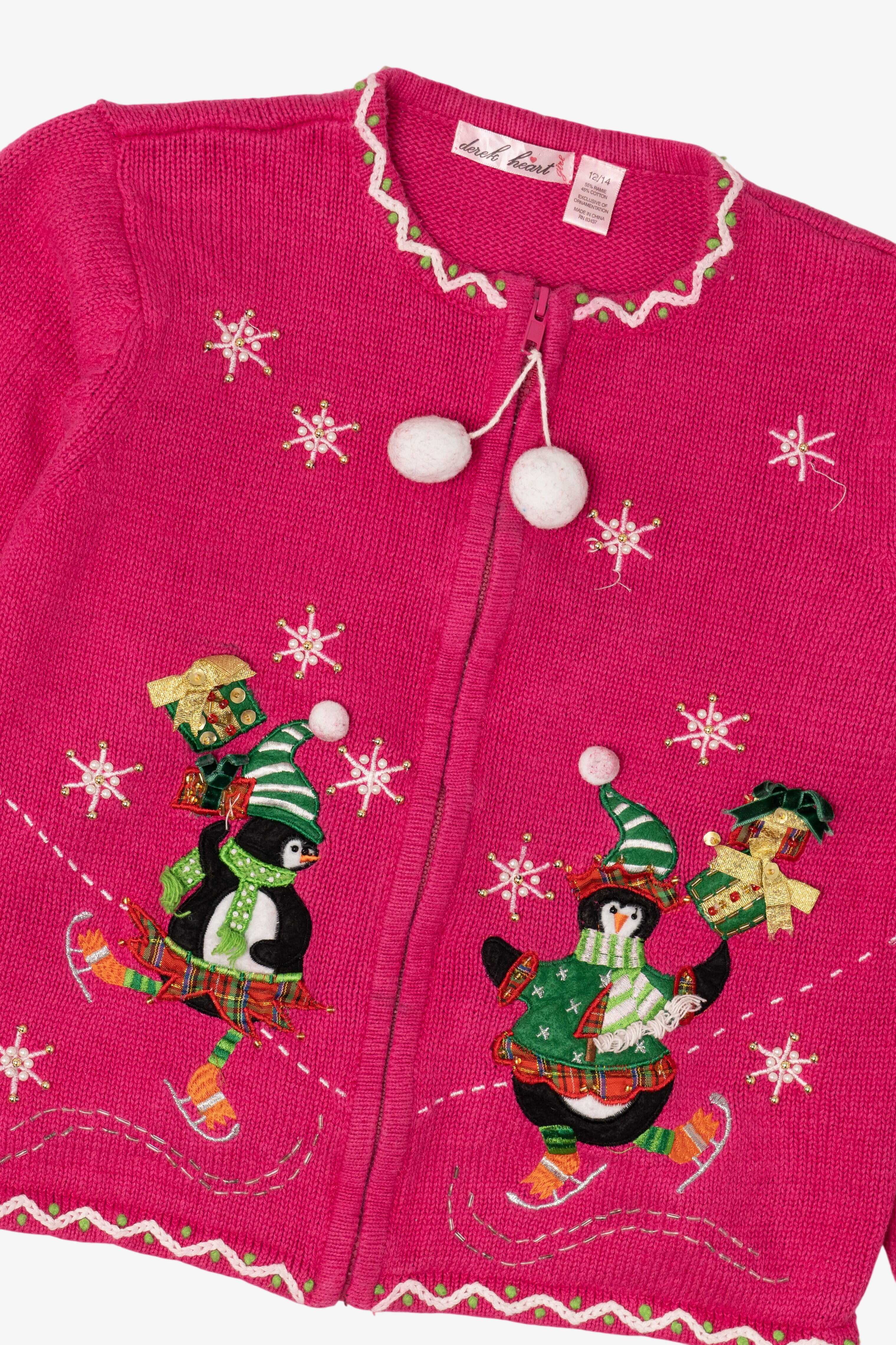 Vintage Kids Hot Pink Derek Heart Penguins Skating Ugly Christmas Cardigan (2000s)