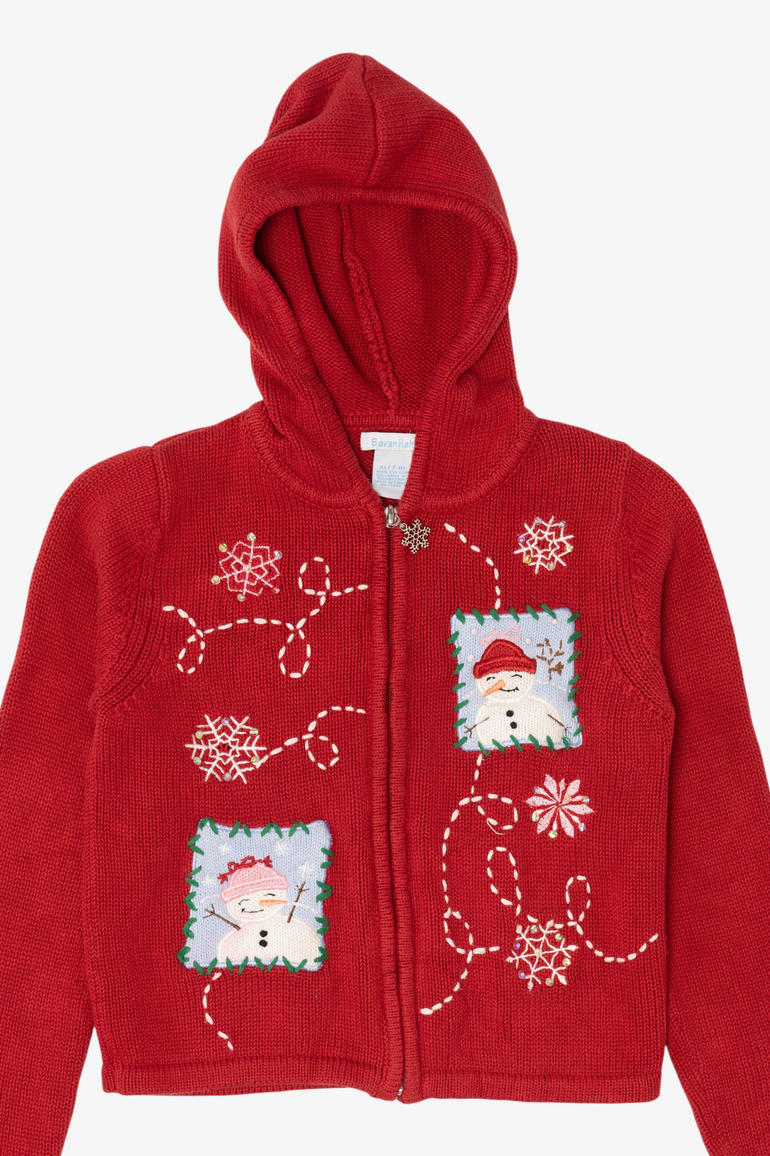 Vintage Kids Red Savannah Snowmen Hooded Ugly Christmas Pullover (2000s)