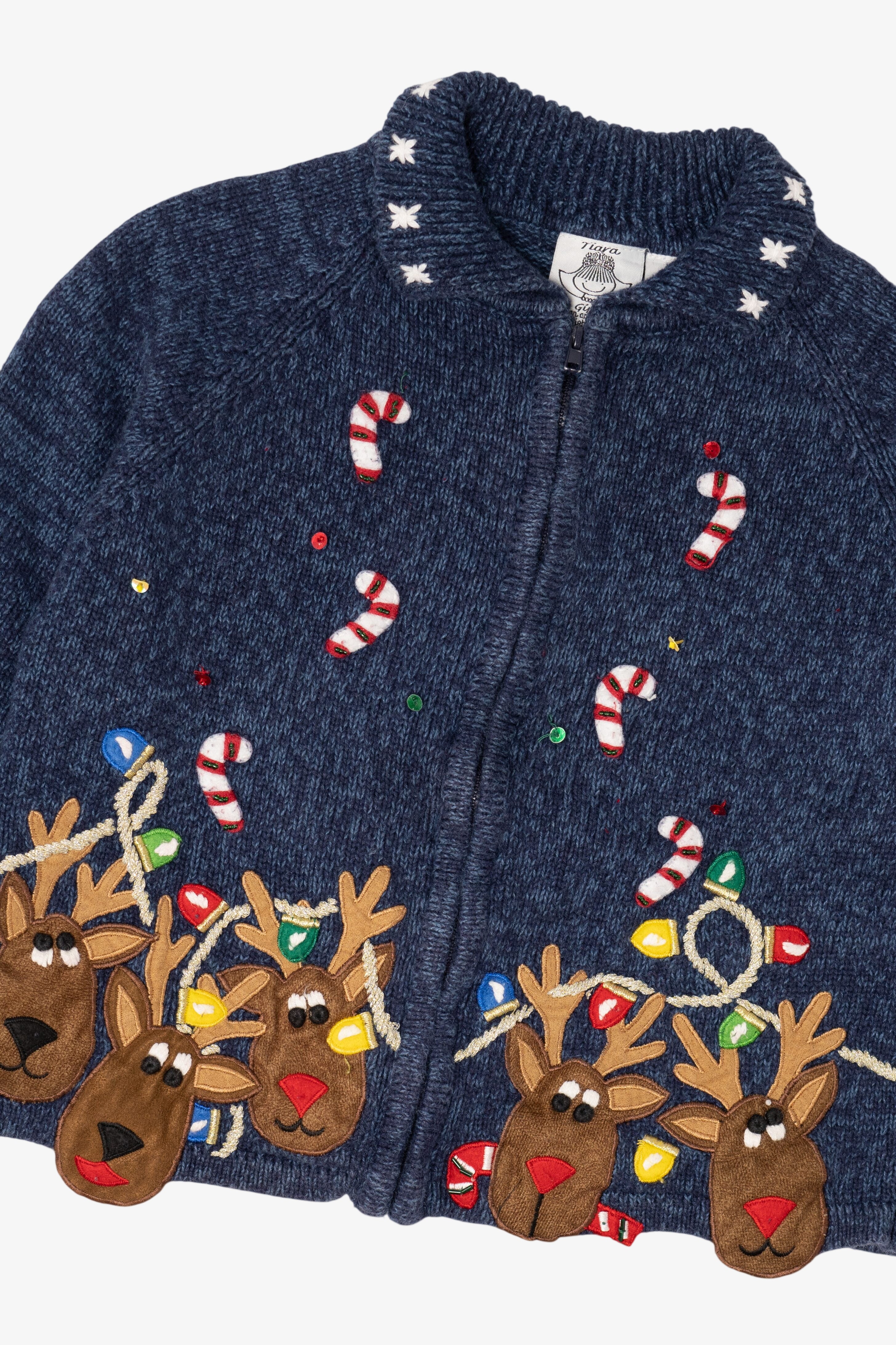 Vintage Kids Navy Blue Tiara Girls Reindeer Ugly Christmas Cardigan (2000s)