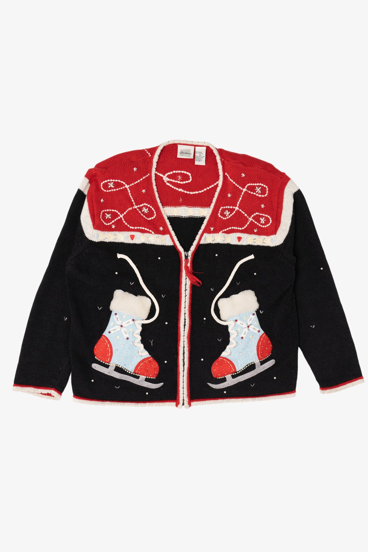 Vintage Black Jason Maxwell Ice Skates Ugly Christmas Cardigan (1990s)