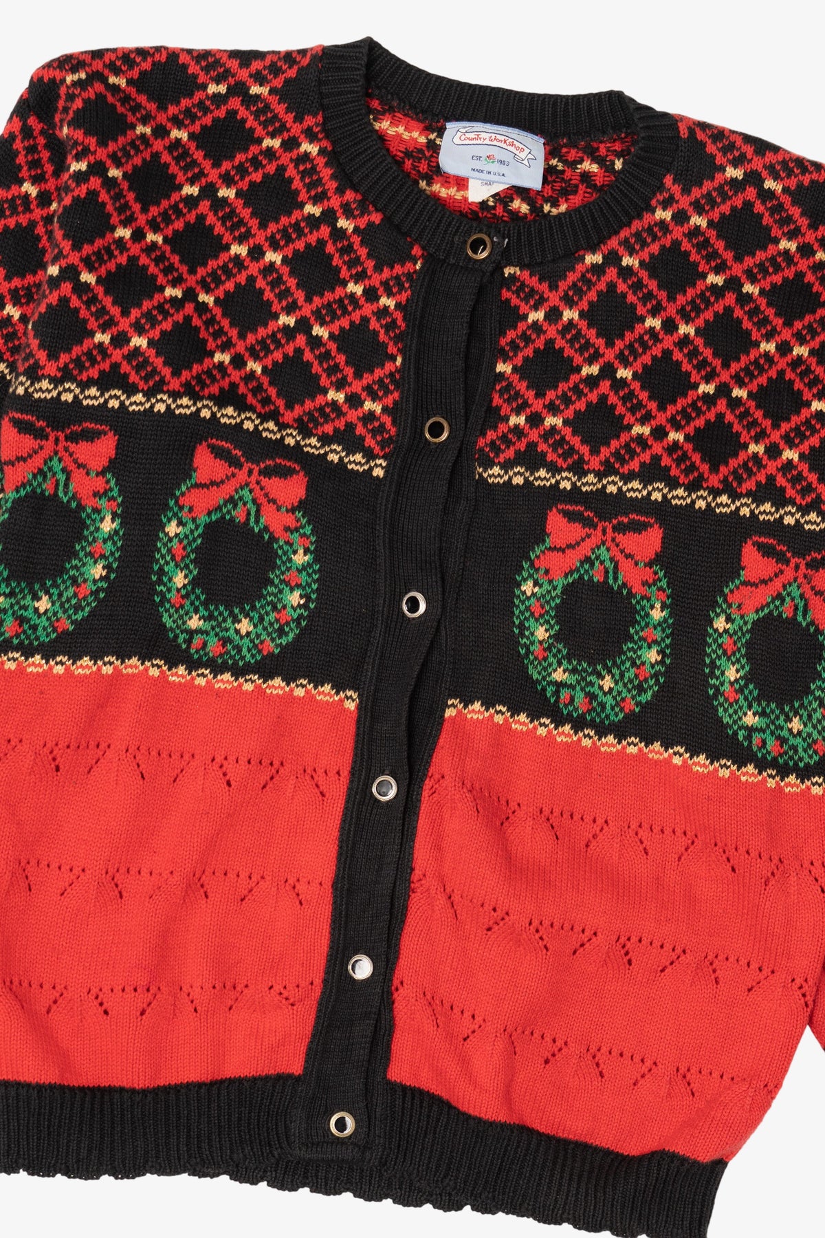Vintage Red Country Workshop Wreaths Ugly Christmas Cardigan (1990s)