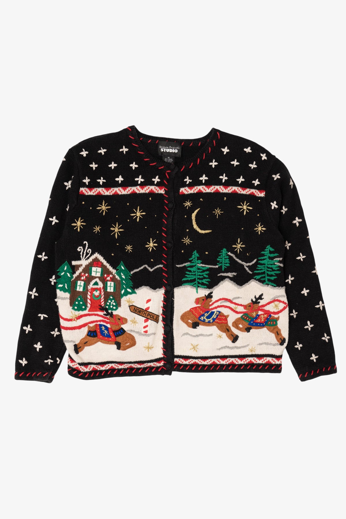 Vintage Black Designers Originals Studio Reindeer Ugly Christmas Cardigan (1990s)