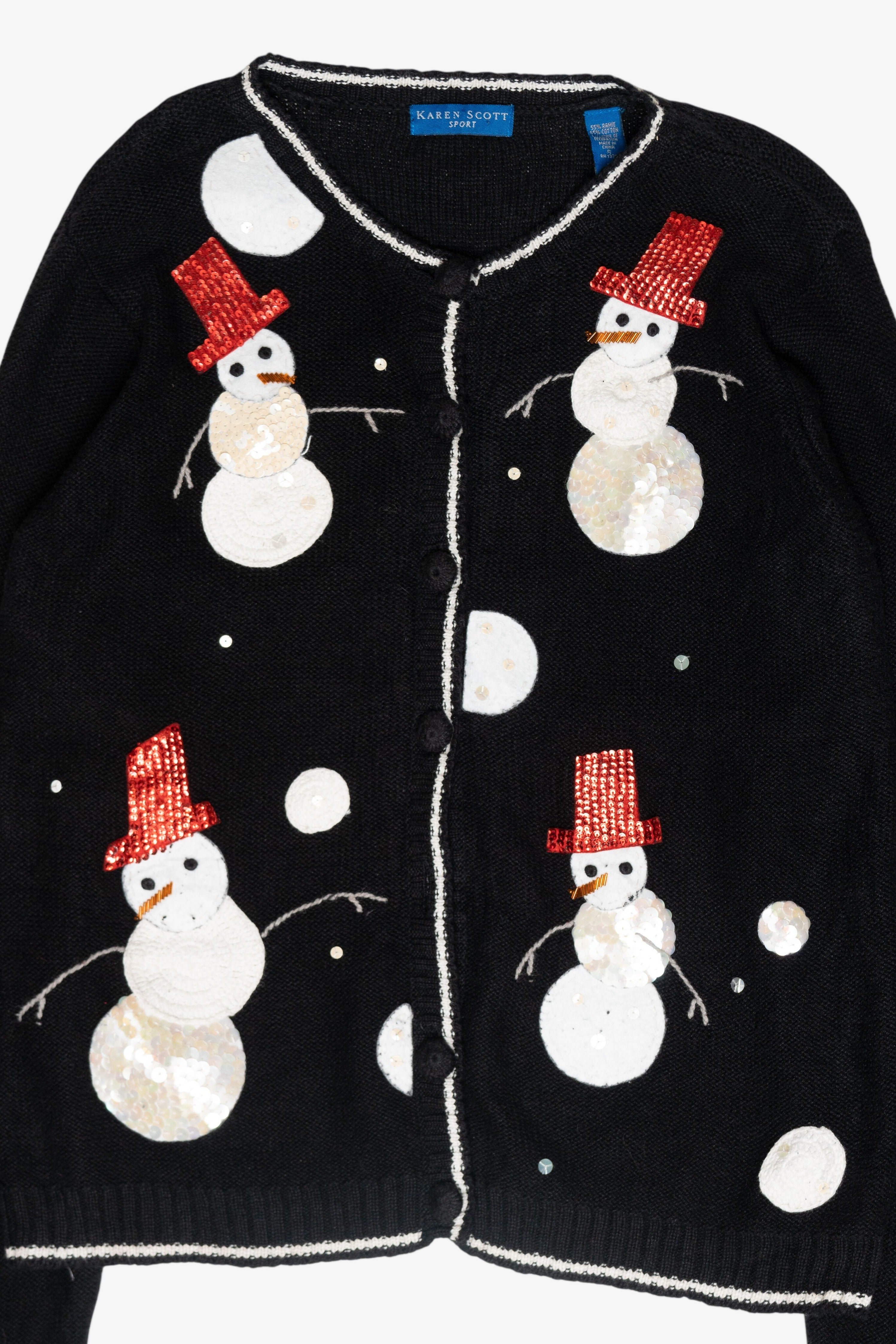 Top Hat Snowmen Vintage Ugly Christmas Cardigan (1990s)
