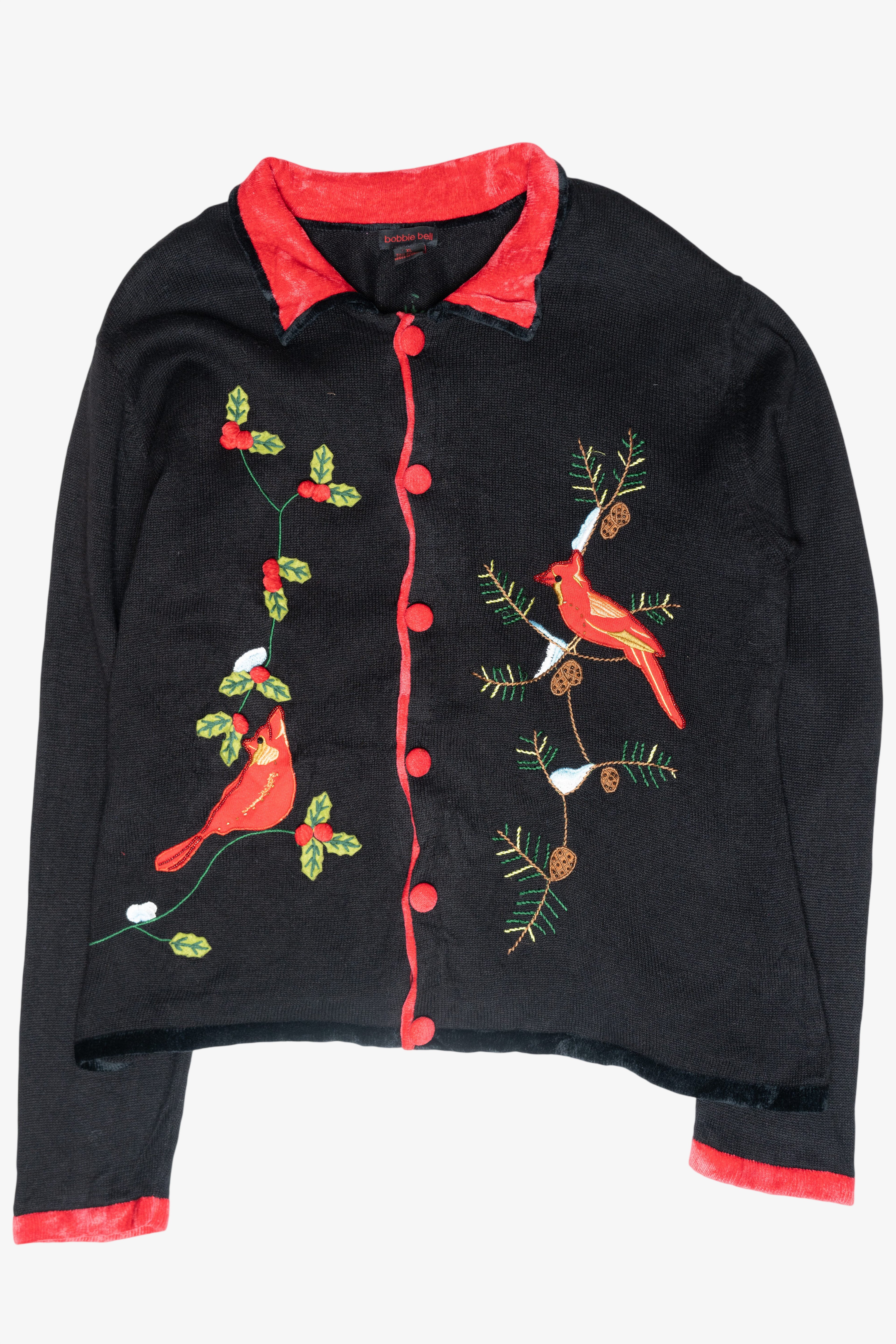 Cardinals Velvet Collar Vintage Ugly Christmas Cardigan (2000s)