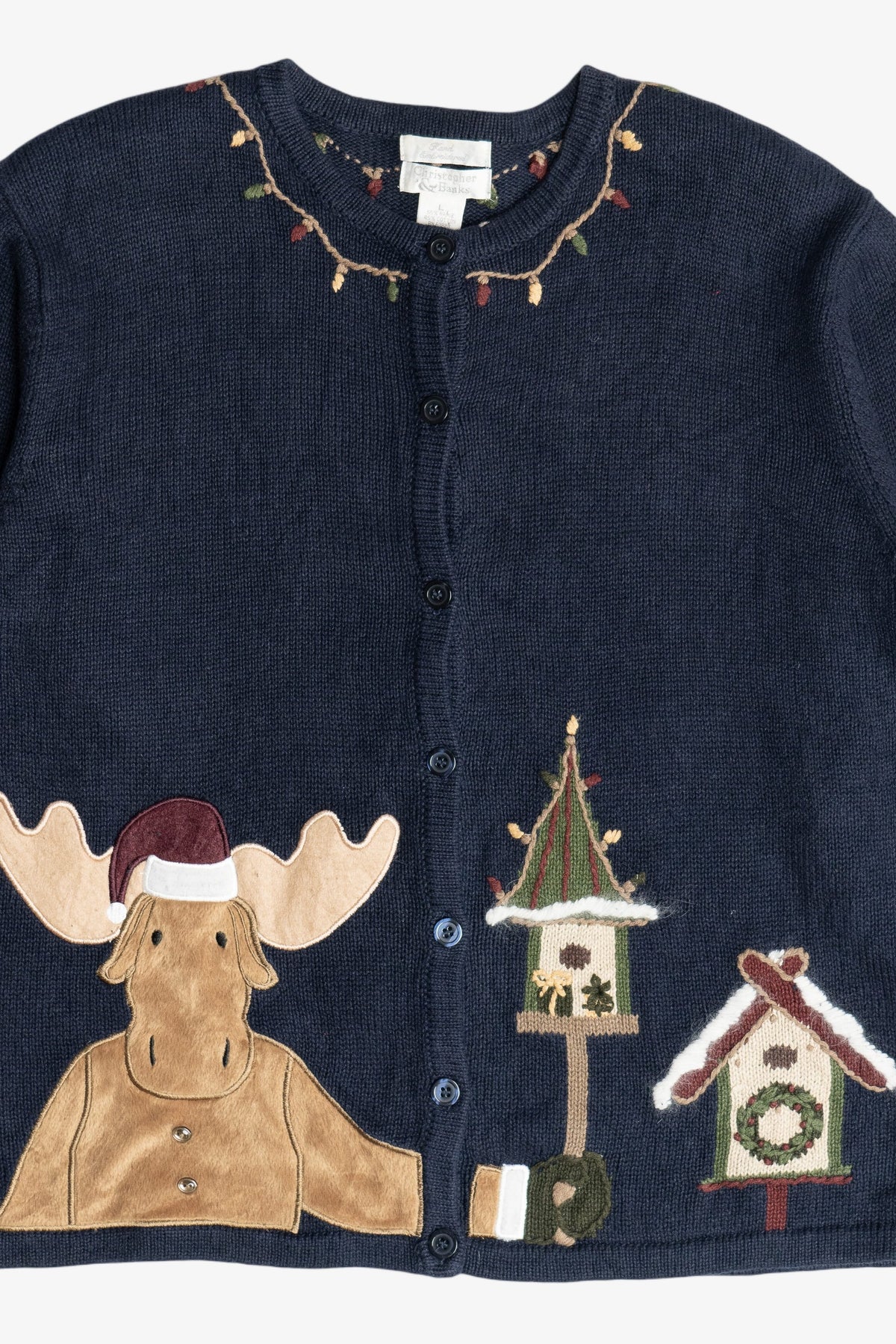 Vintage Navy Blue Christopher & Banks Reindeer With Birdhouses Ugly Christmas Sweater (2000s)