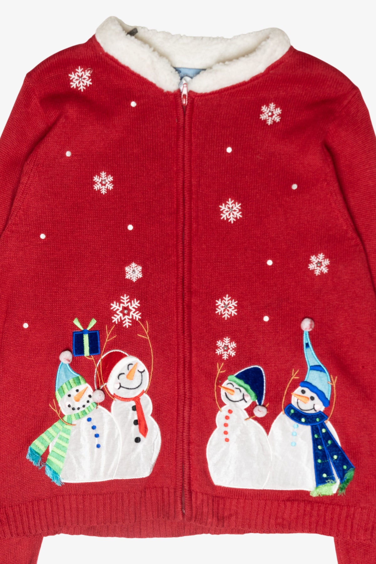 Happy Snowmen Fur Collar Vintage Ugly Christmas Cardigan (2000s)