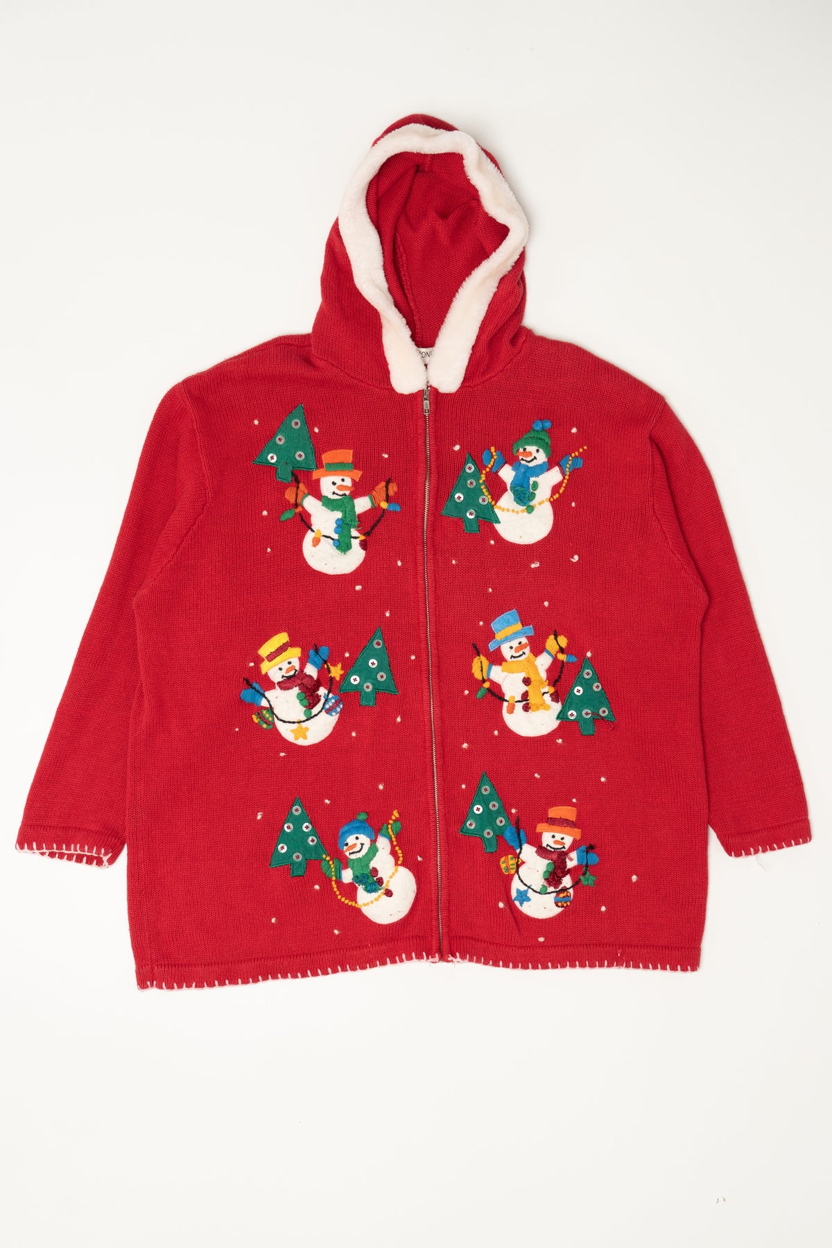 Vintage Red Victoria Jones Snowmen Hooded Ugly Christmas Cardigan (1990s)