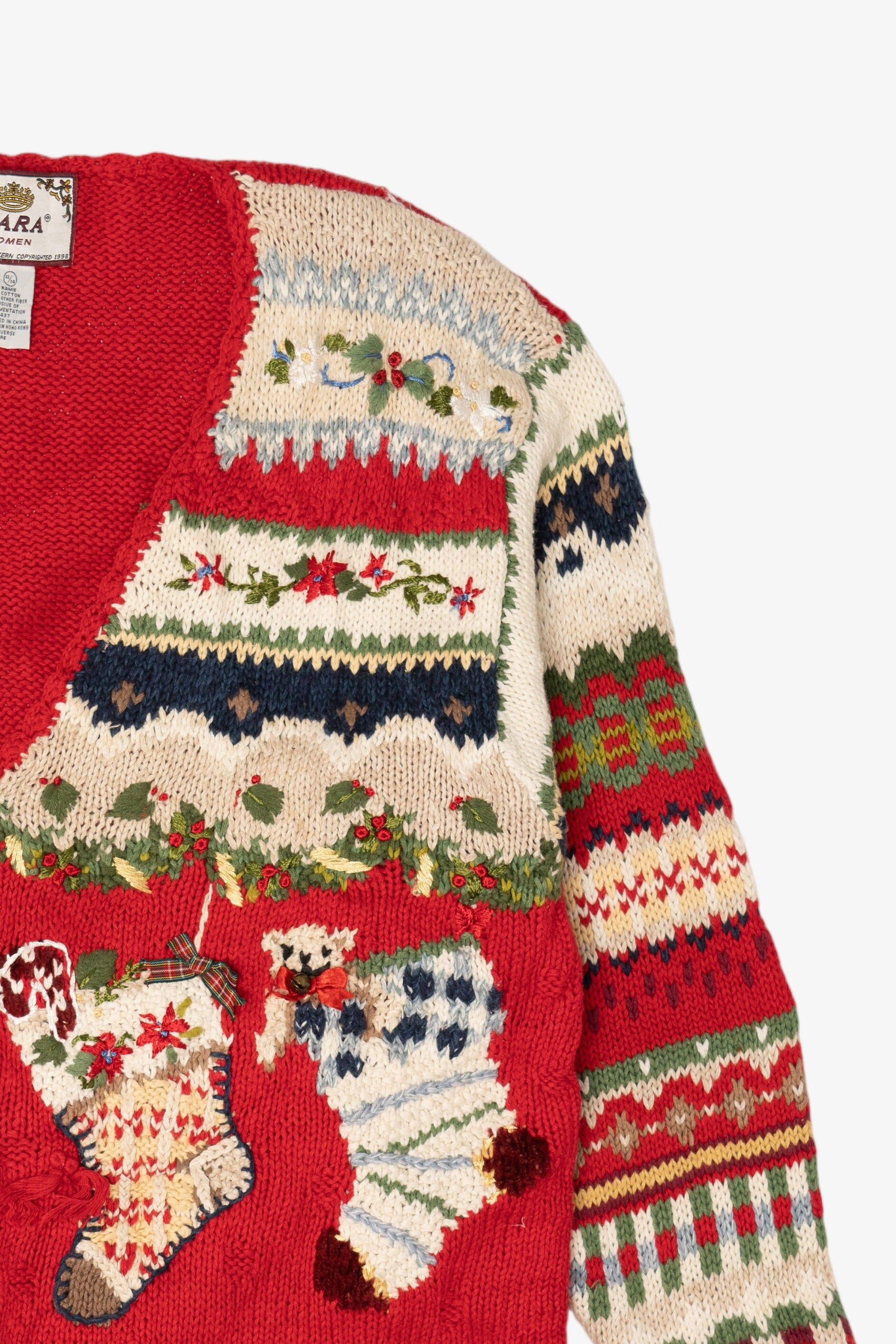 Vintage Red Tiara Stockings Ugly Christmas Cardigan (1990s)