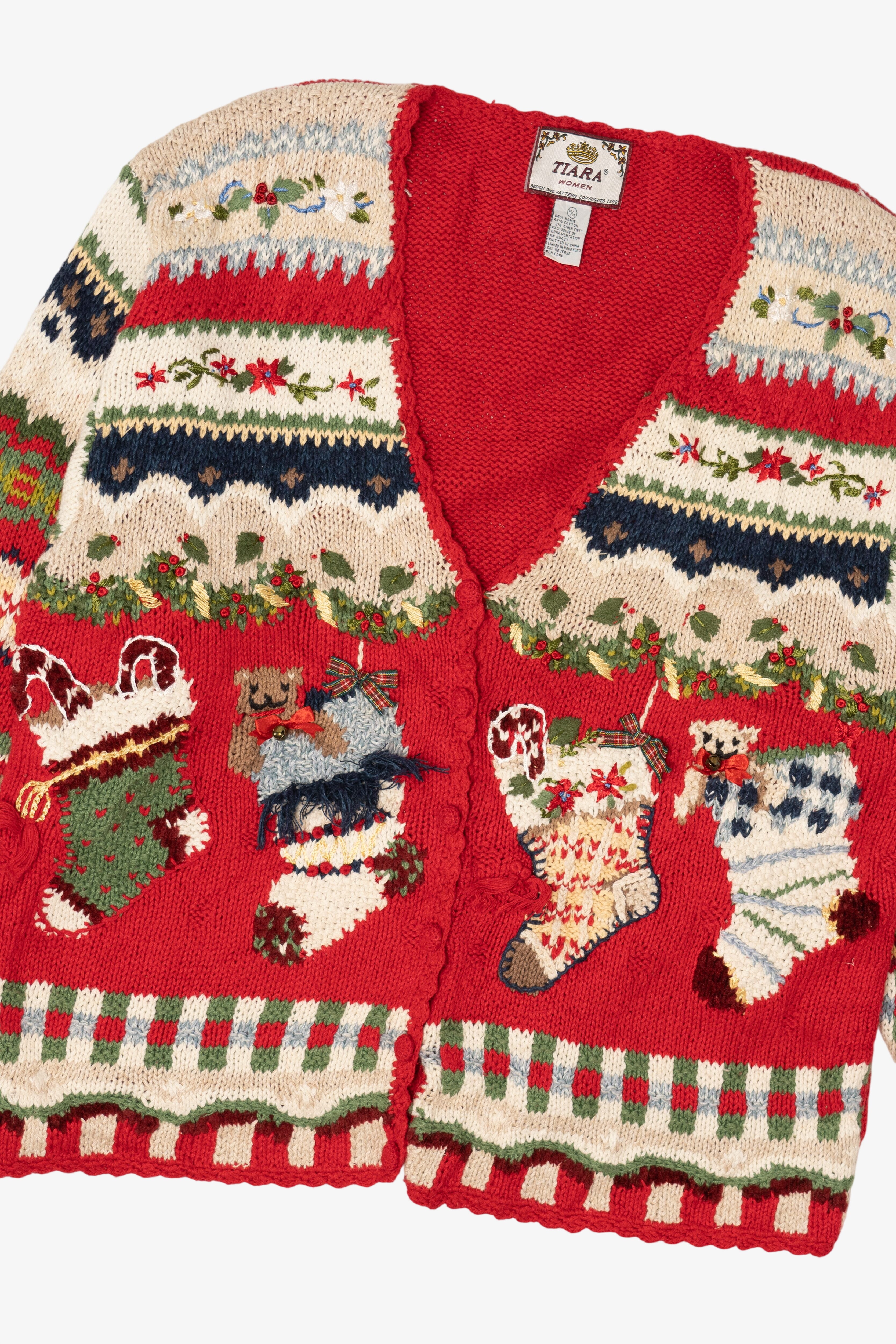 Vintage Red Tiara Stockings Ugly Christmas Cardigan (1990s)